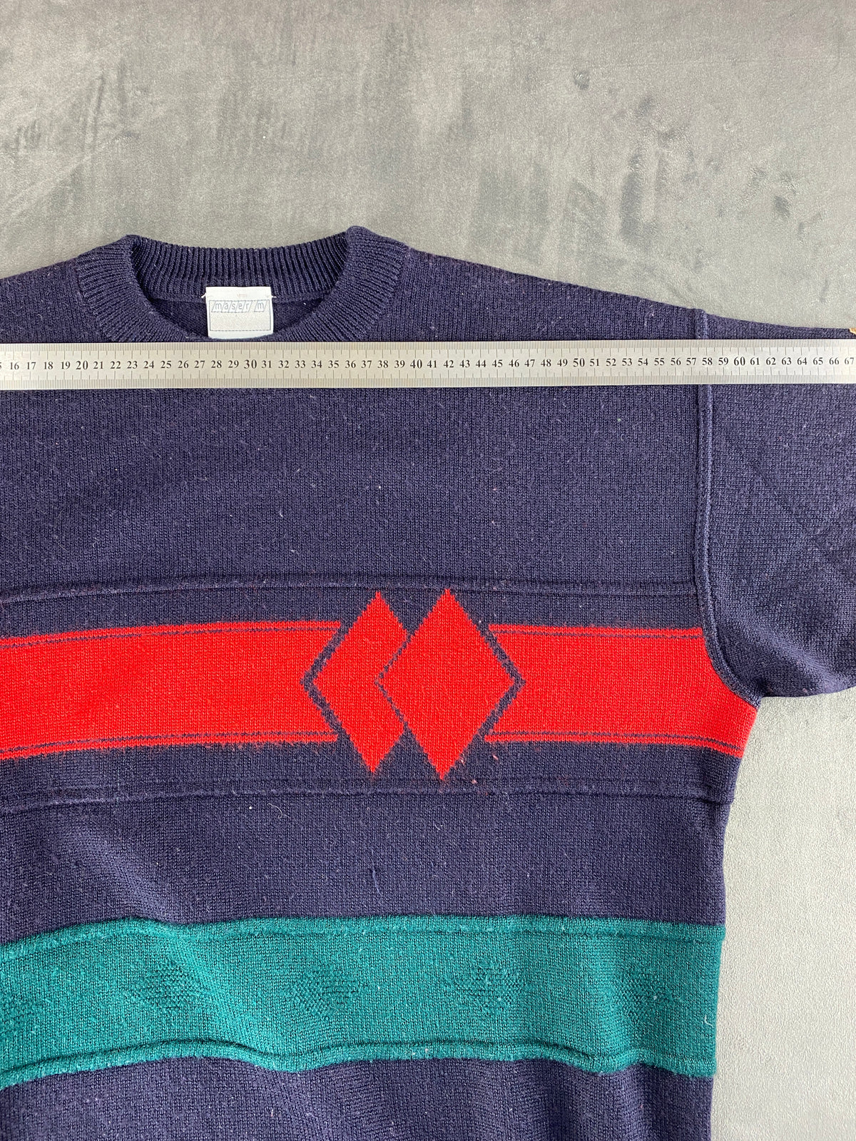 Maglione girocollo blu navy con banda rossa e verde vintage – Uomo Taglia L (IT 52)