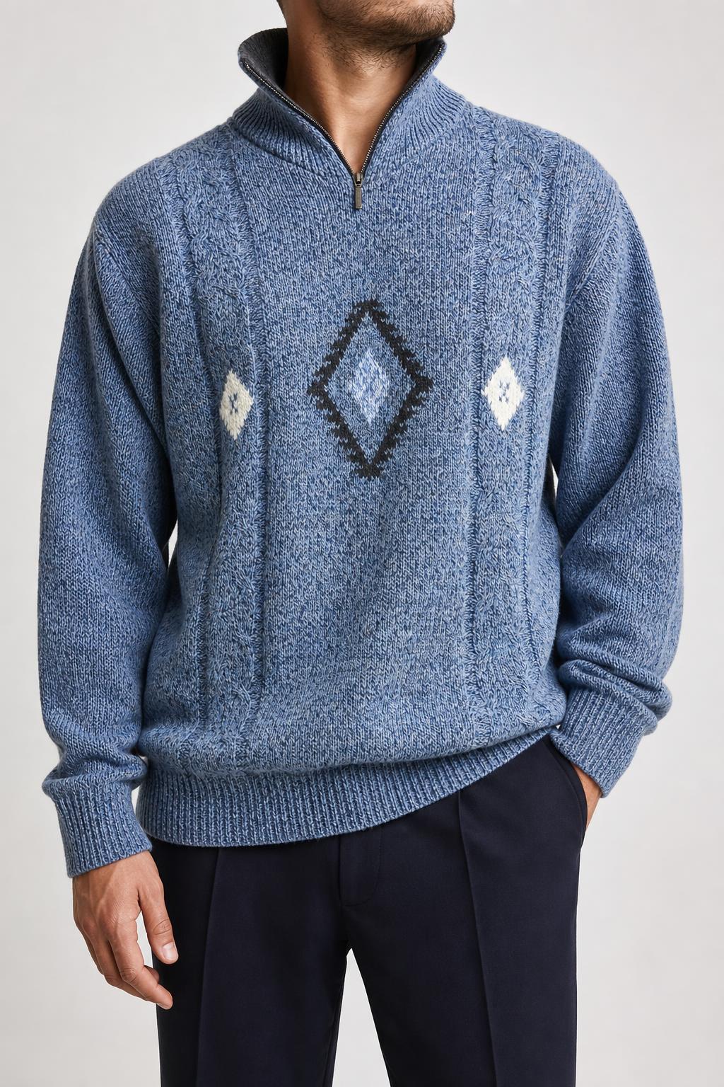 Maglione mezza zip in maglia blu con rombi Hajo vintage – Uomo Taglia L (IT 52)