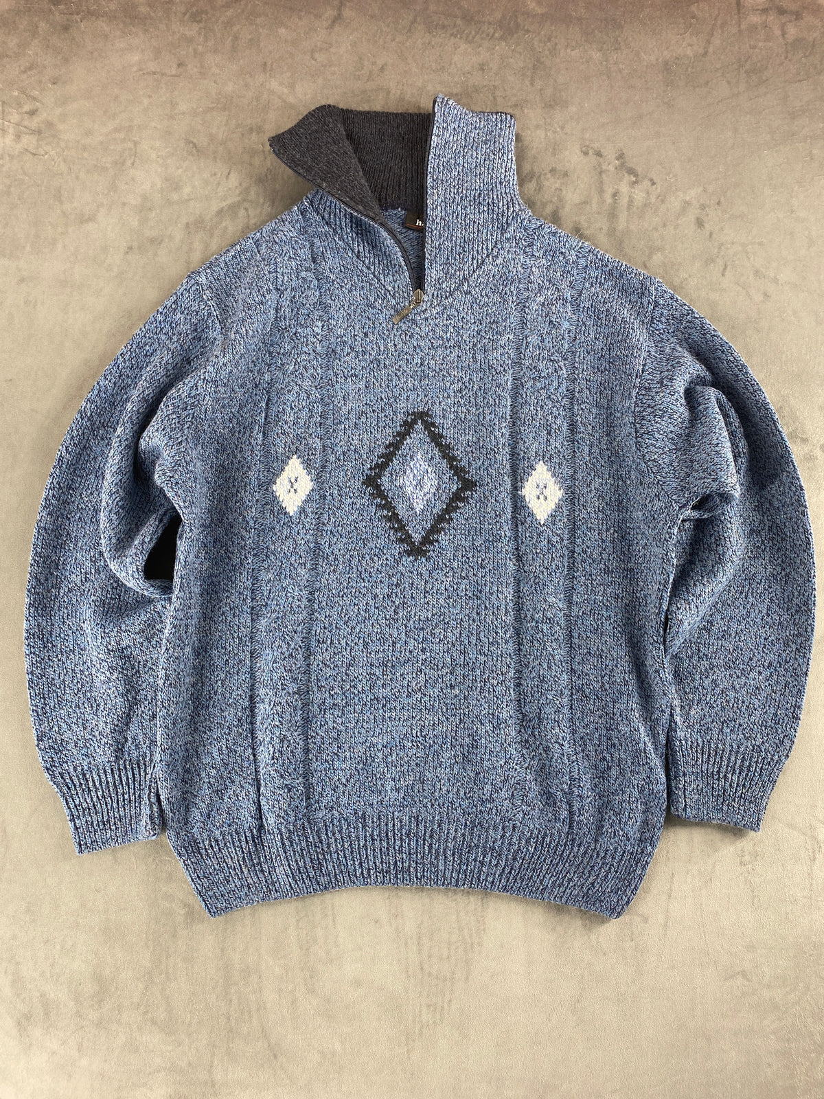 Maglione mezza zip in maglia blu con rombi Hajo vintage – Uomo Taglia L (IT 52)