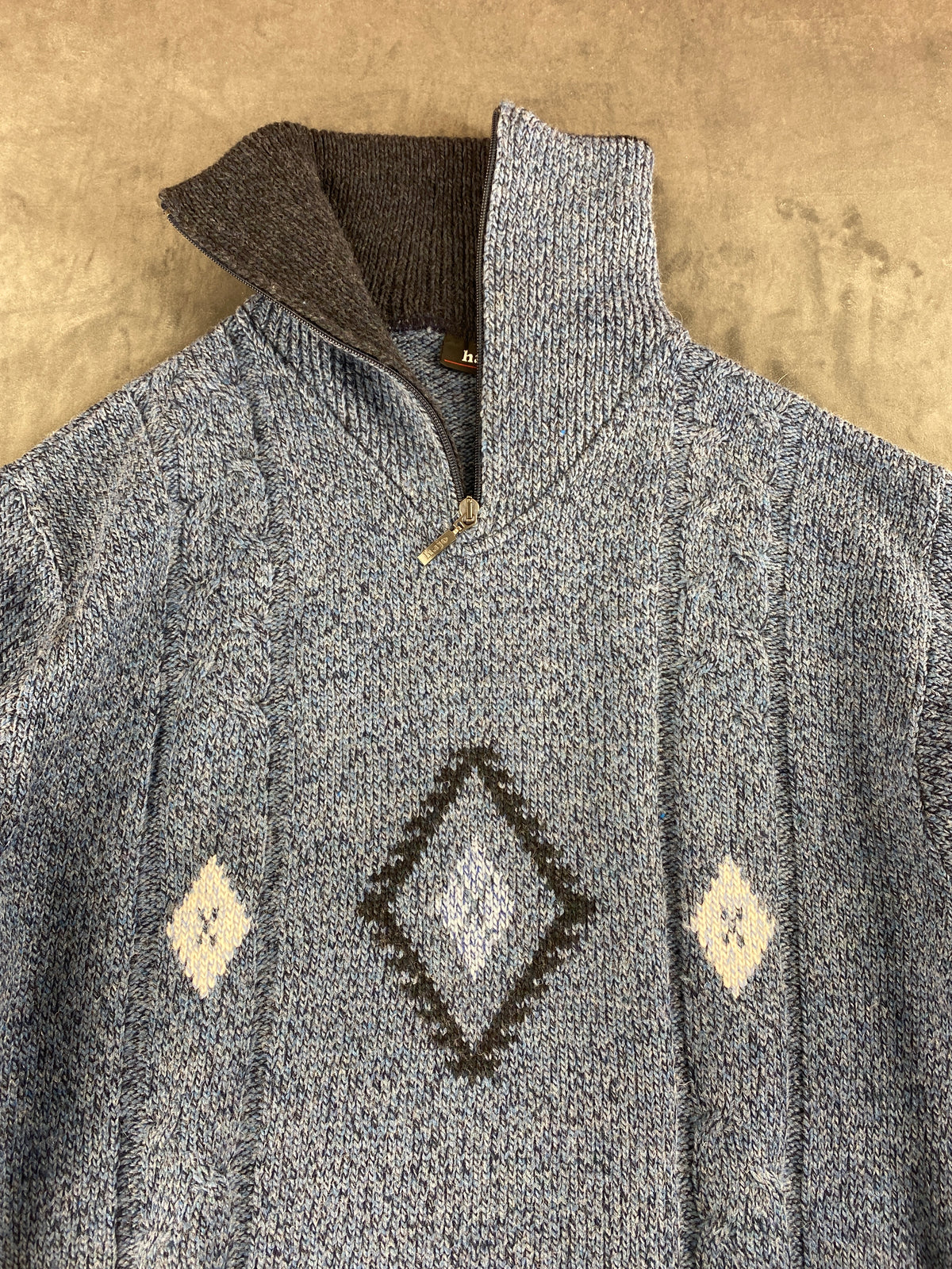 Maglione mezza zip in maglia blu con rombi Hajo vintage – Uomo Taglia L (IT 52)