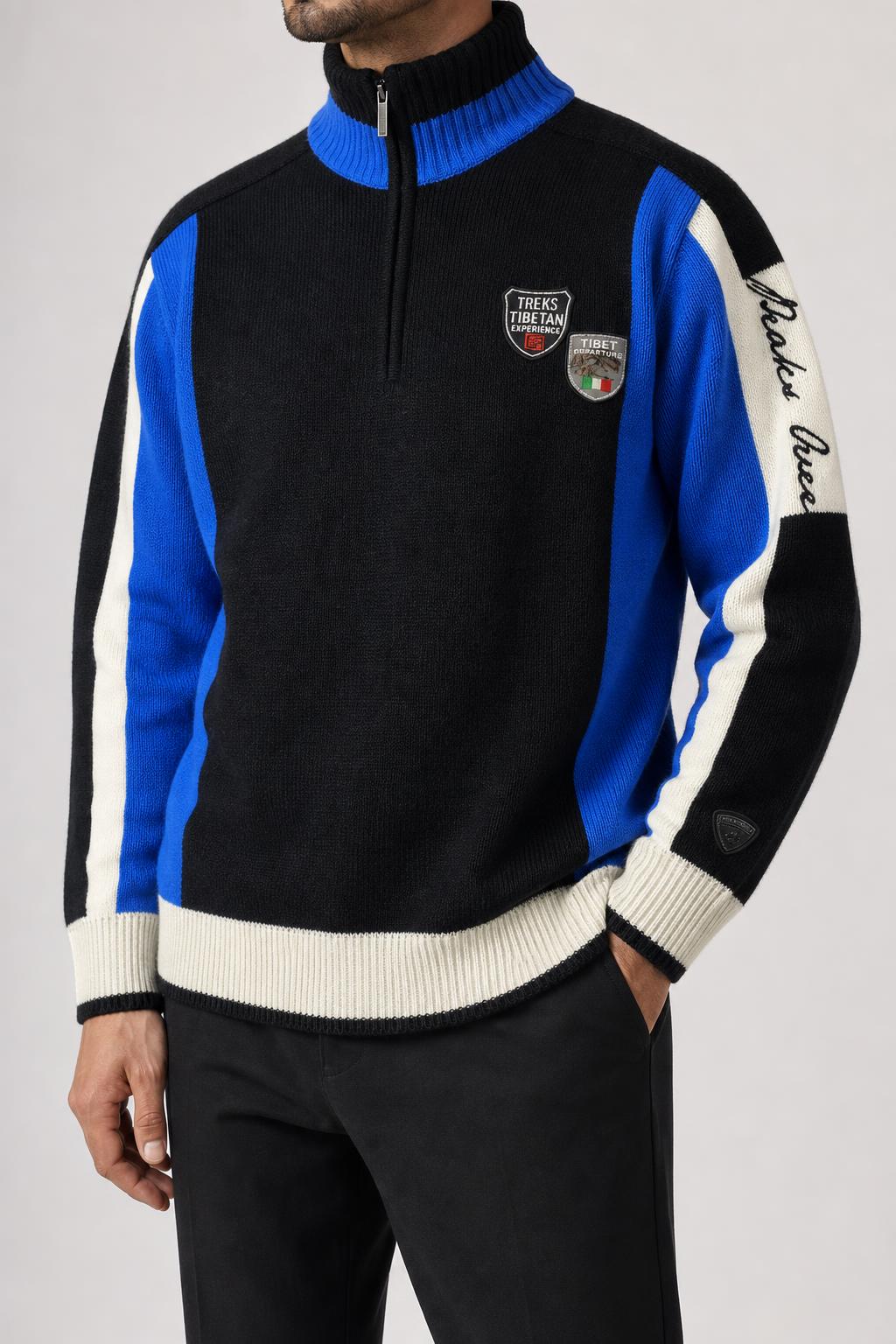 Maglione mezza zip color-block nero e blu con ricami vintage – Uomo Taglia L