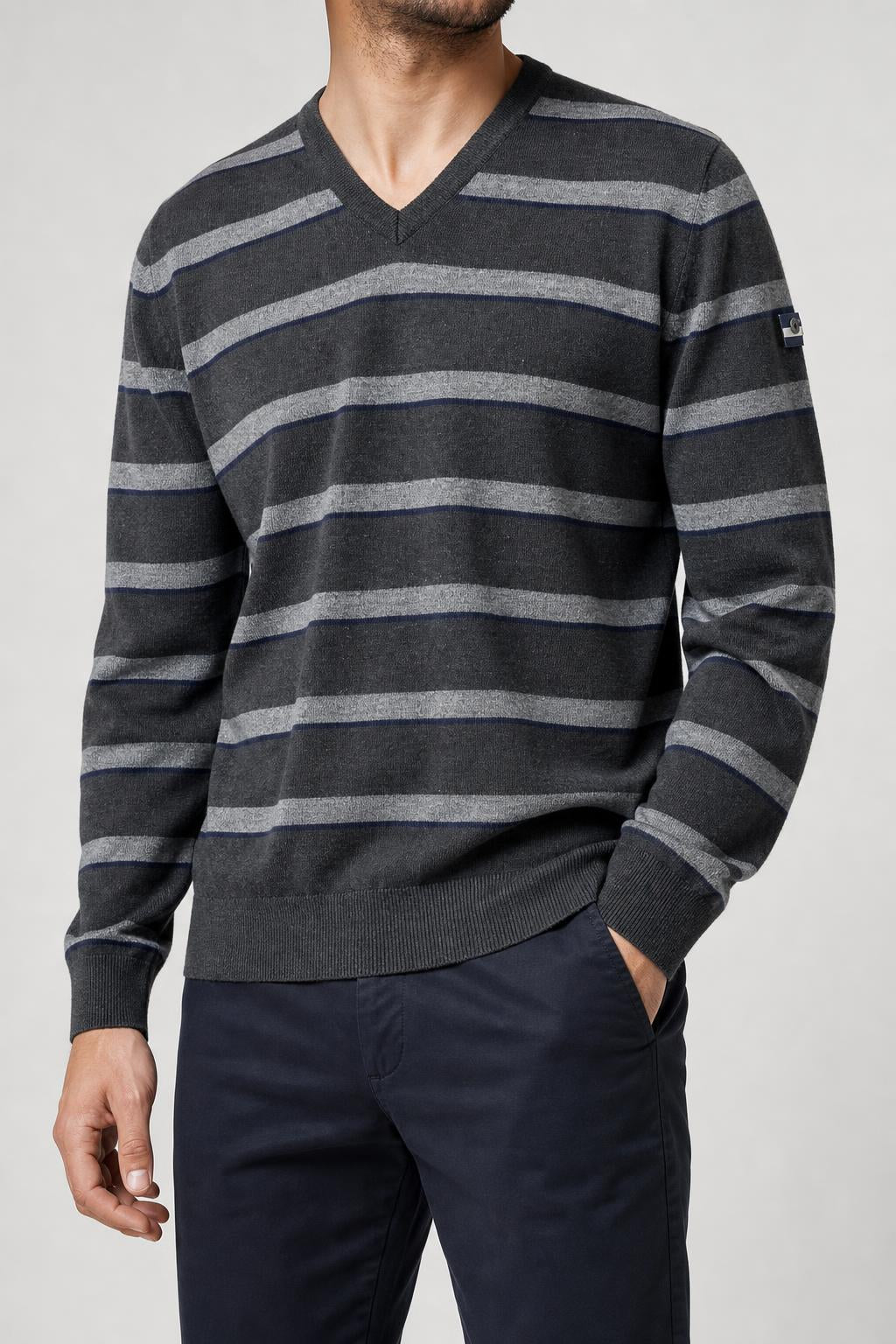 Maglione scollo a V grigio a righe Renmare vintage – Uomo Taglia M
