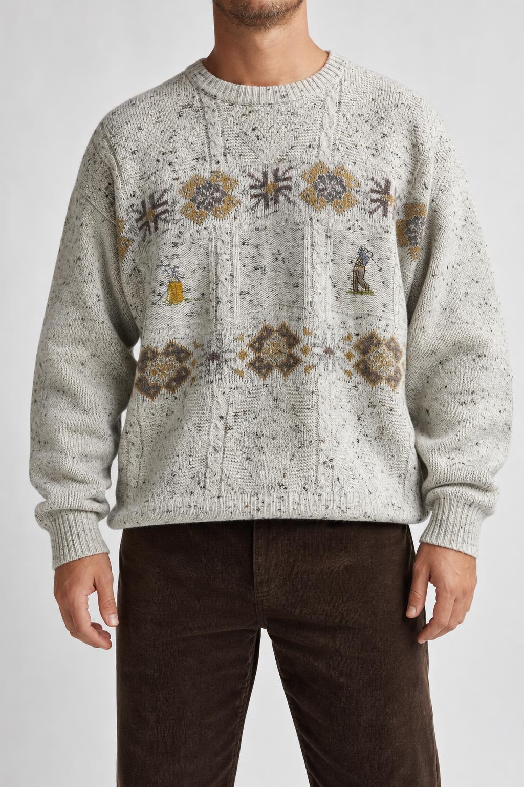 Maglione girocollo in lana panna a fantasia Green Leaves vintage – Uomo Taglia L