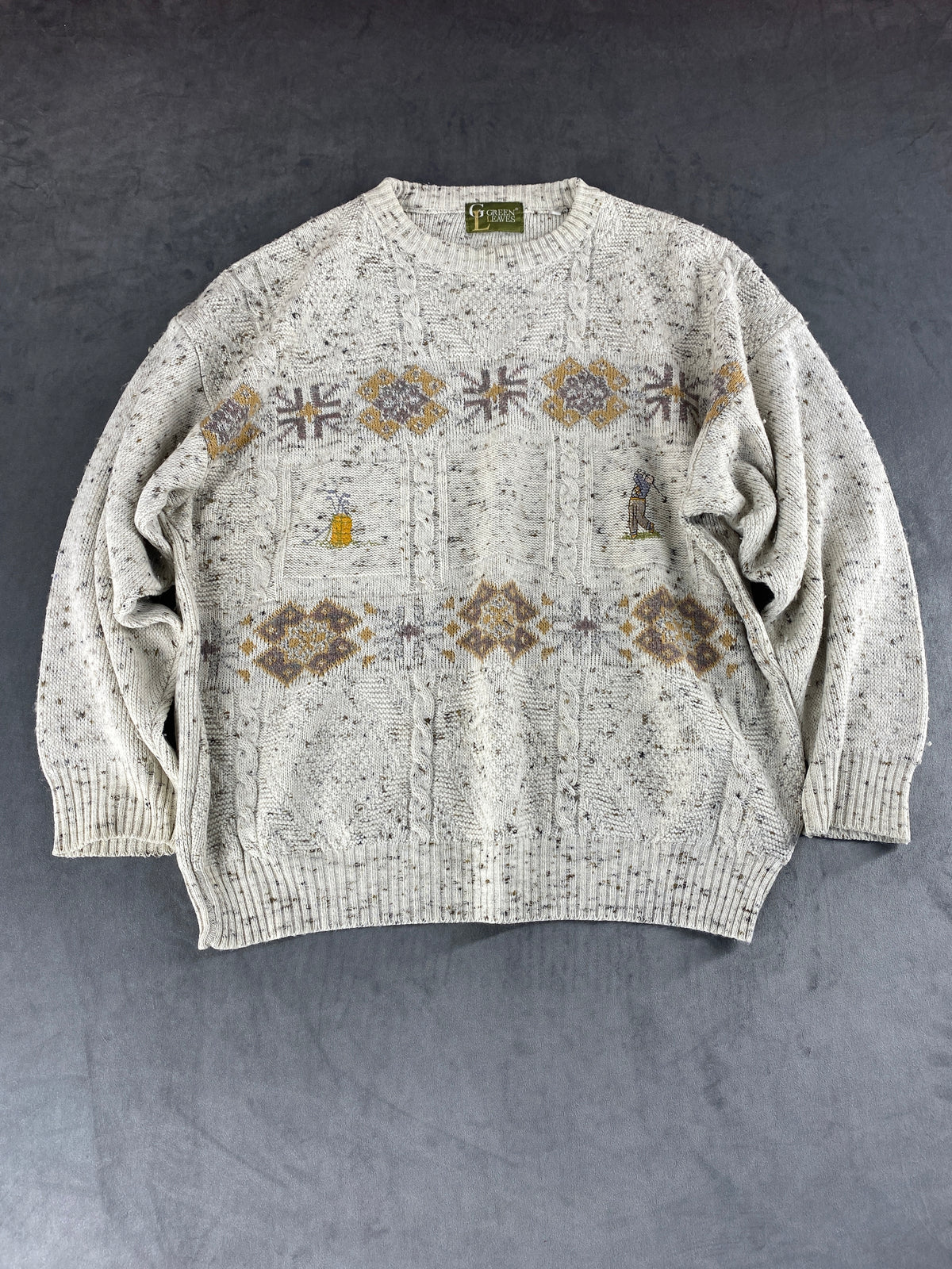 Maglione girocollo in lana panna a fantasia Green Leaves vintage – Uomo Taglia L