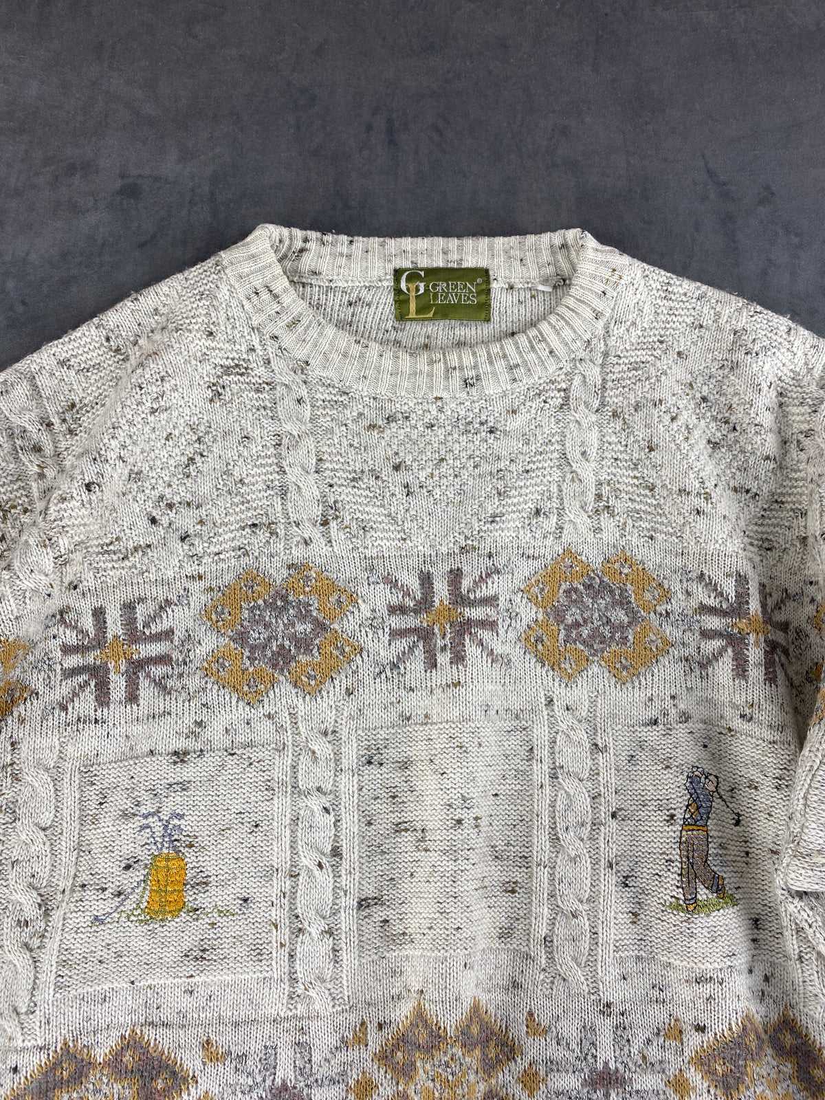 Maglione girocollo in lana panna a fantasia Green Leaves vintage – Uomo Taglia L