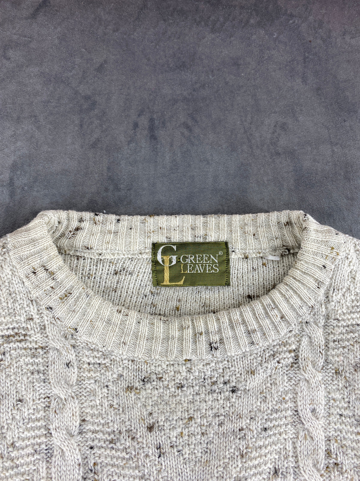 Maglione girocollo in lana panna a fantasia Green Leaves vintage – Uomo Taglia L