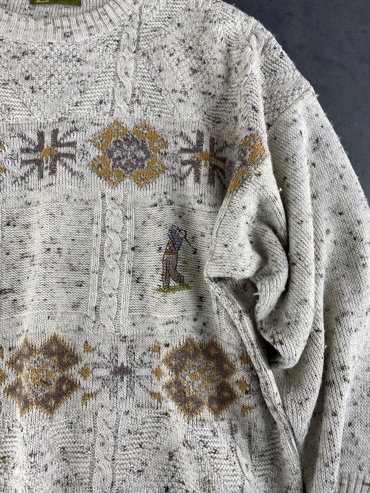 Maglione girocollo in lana panna a fantasia Green Leaves vintage – Uomo Taglia L