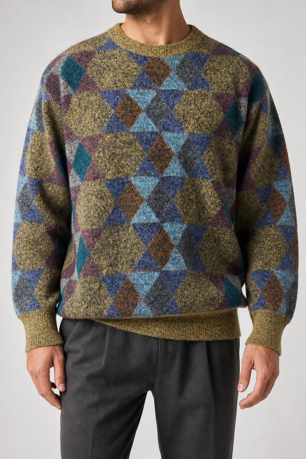 Maglione girocollo a fantasia geometrica multicolore vintage – Uomo Taglia XL (IT 54)