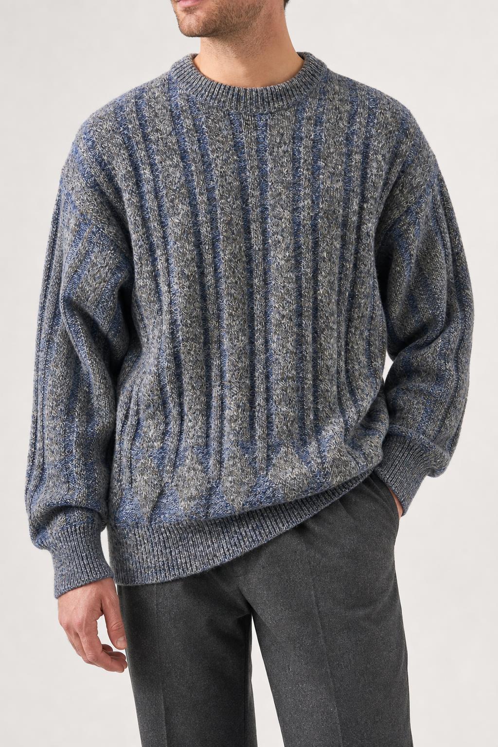 Maglione girocollo in maglia blu e grigio a coste vintage – Uomo Taglia XL