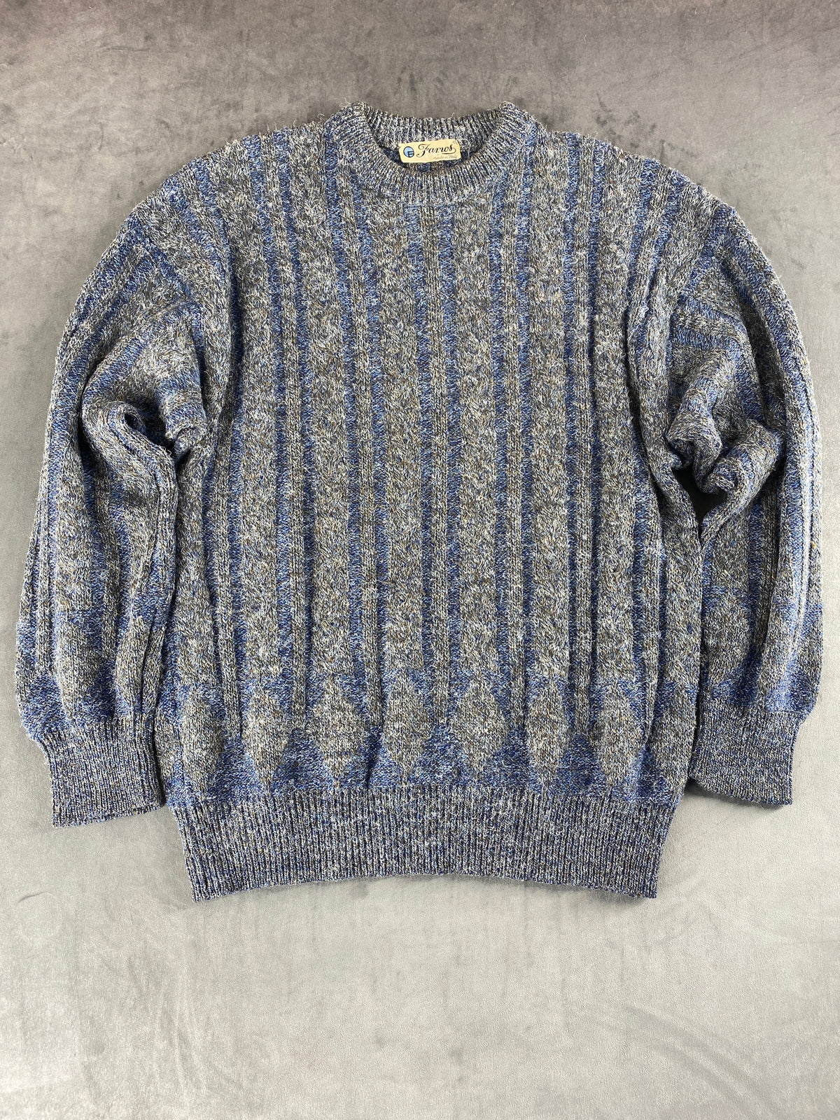 Maglione girocollo in maglia blu e grigio a coste vintage – Uomo Taglia XL