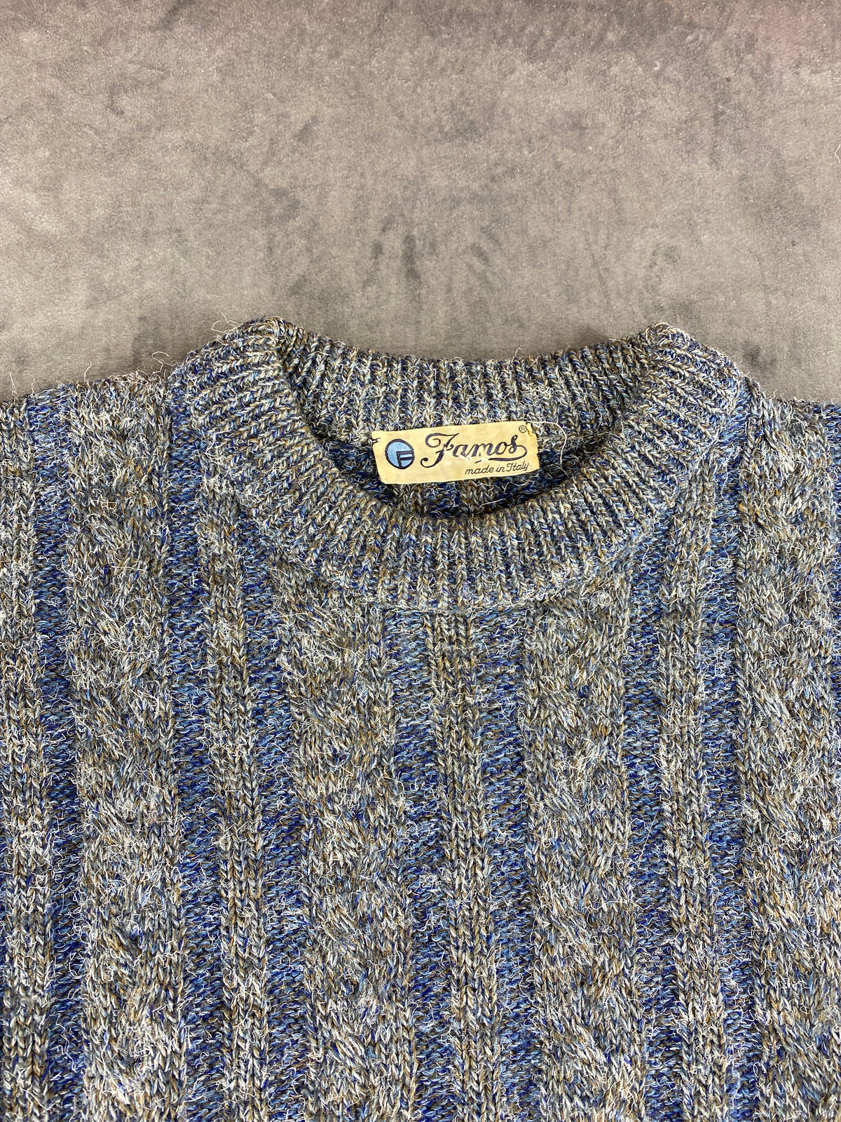 Maglione girocollo in maglia blu e grigio a coste vintage – Uomo Taglia XL