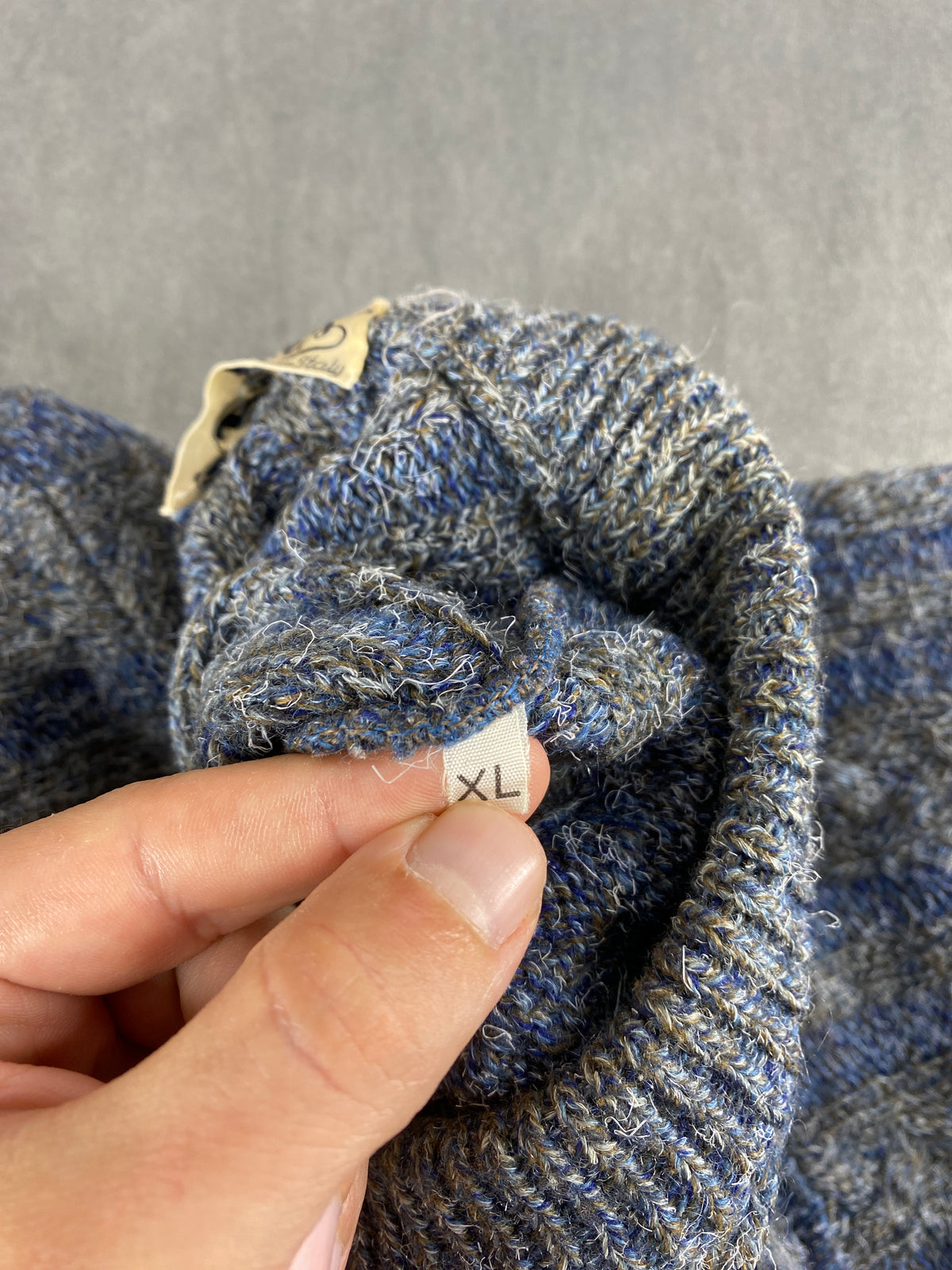 Maglione girocollo in maglia blu e grigio a coste vintage – Uomo Taglia XL