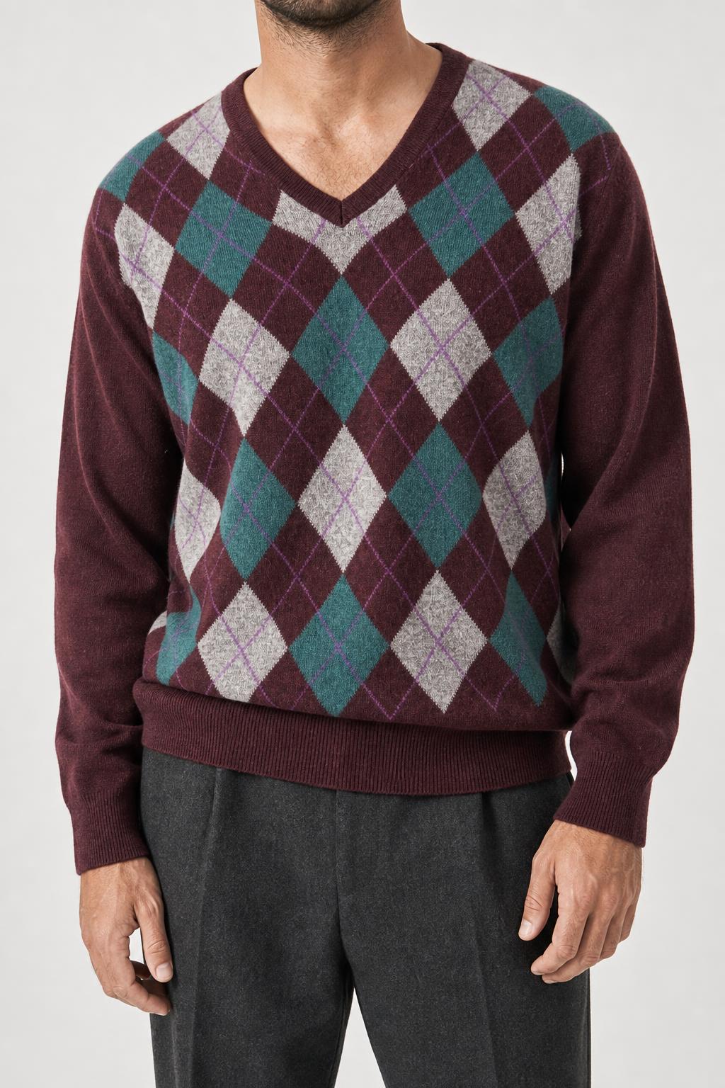 Maglione scollo a V a rombi Renato Balestra vintage – Uomo Taglia XL (IT 54)