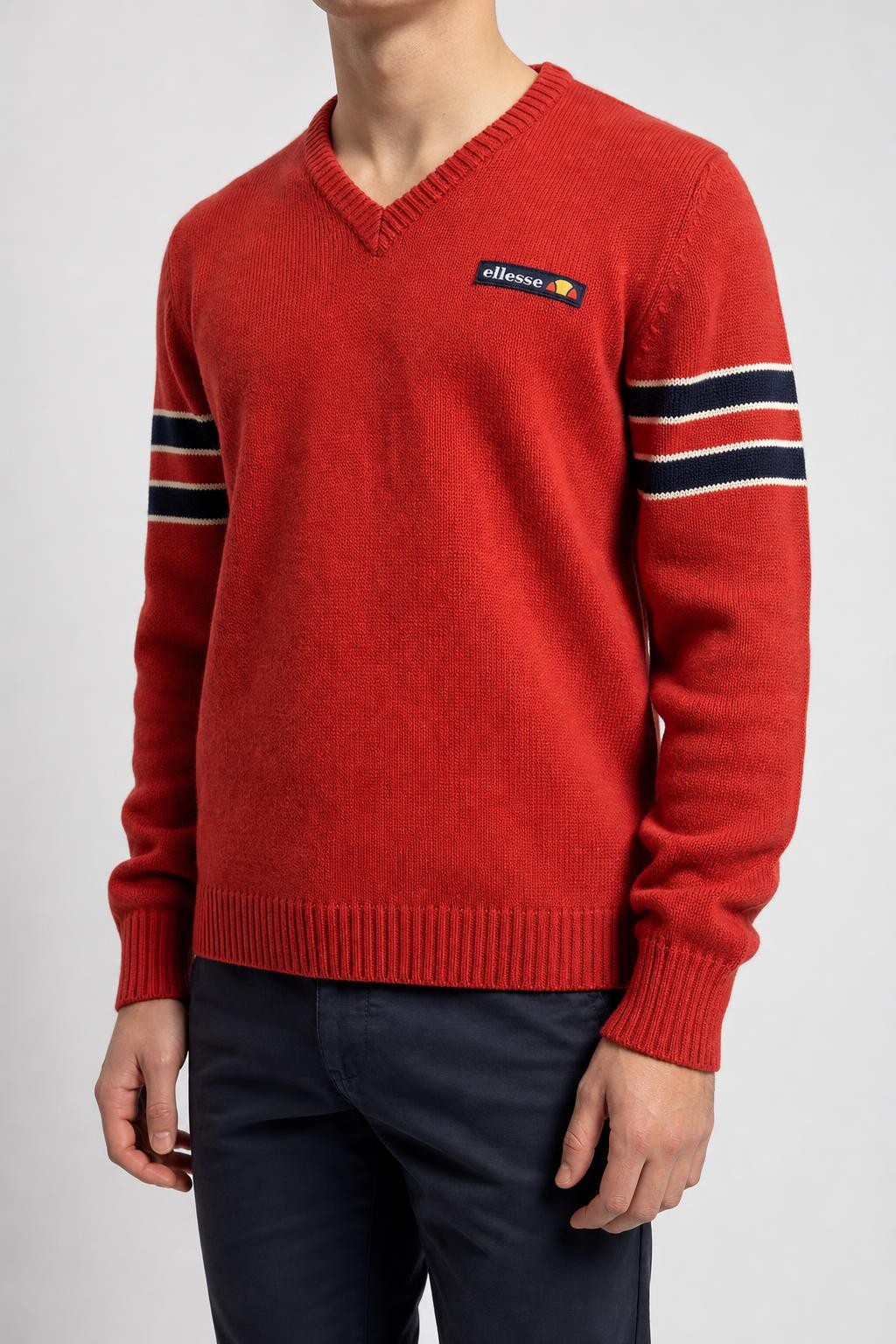 Maglione scollo a V rosso con righe Ellesse vintage – Uomo Taglia L