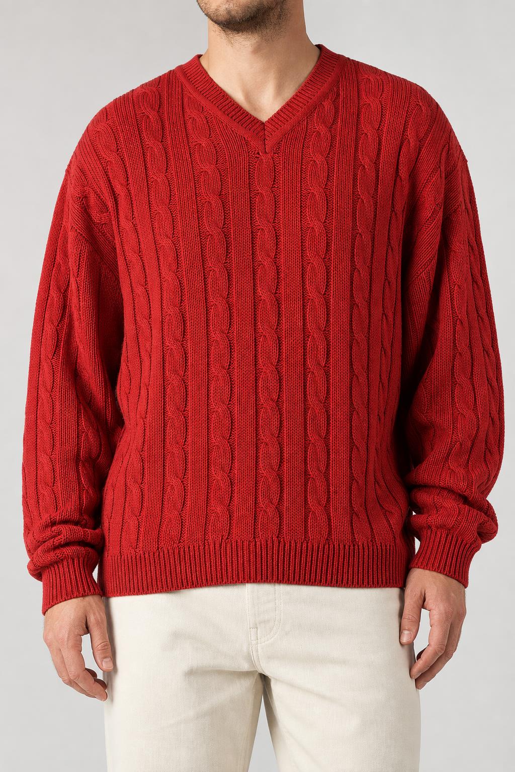 Maglione scollo a V trecce Tom Tomyson rosso vintage – Uomo Taglia XL