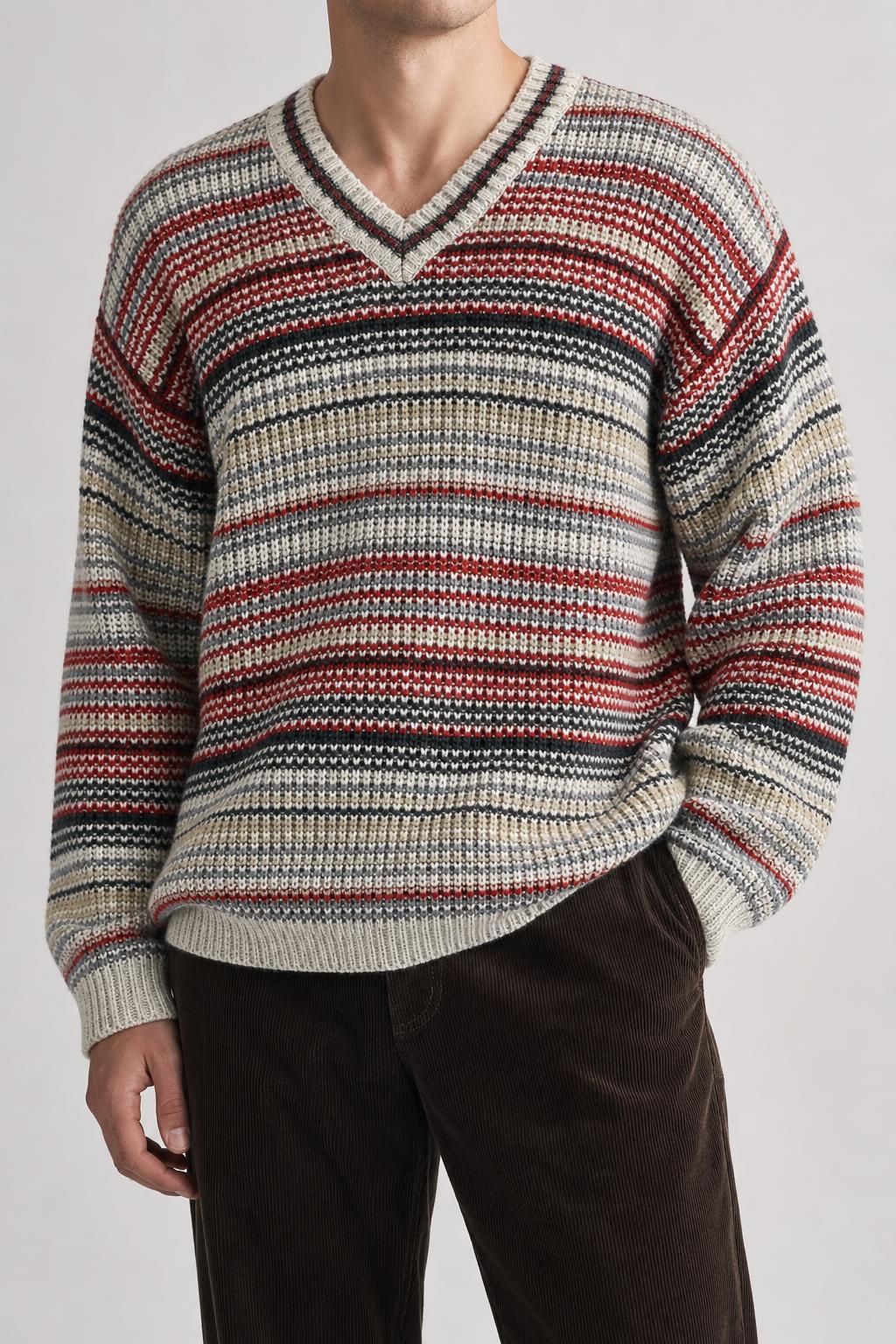 Maglione scollo a V righe Rifle grigio rosso vintage – Uomo Taglia L