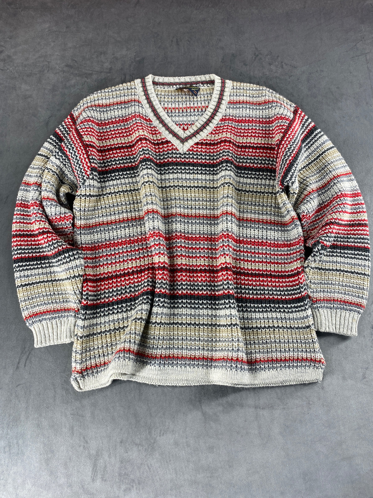 Maglione scollo a V righe Rifle grigio rosso vintage – Uomo Taglia L