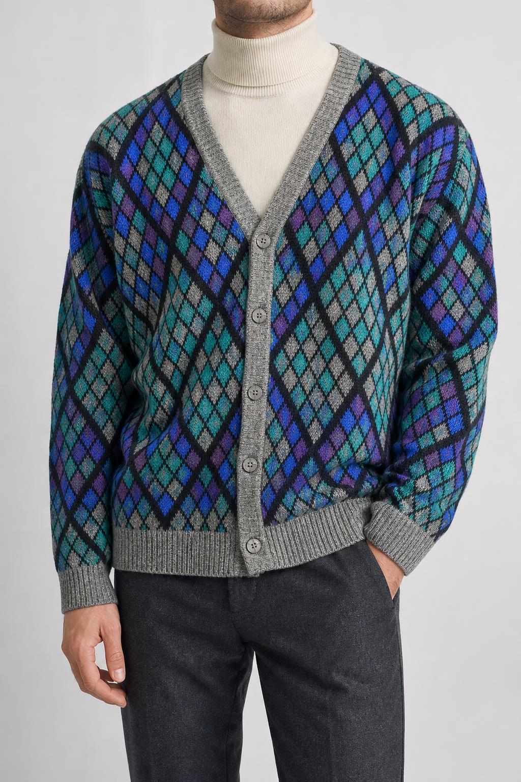 Cardigan rombi lana alpaca Jockey multicolore vintage – Uomo Taglia XL (IT 54)