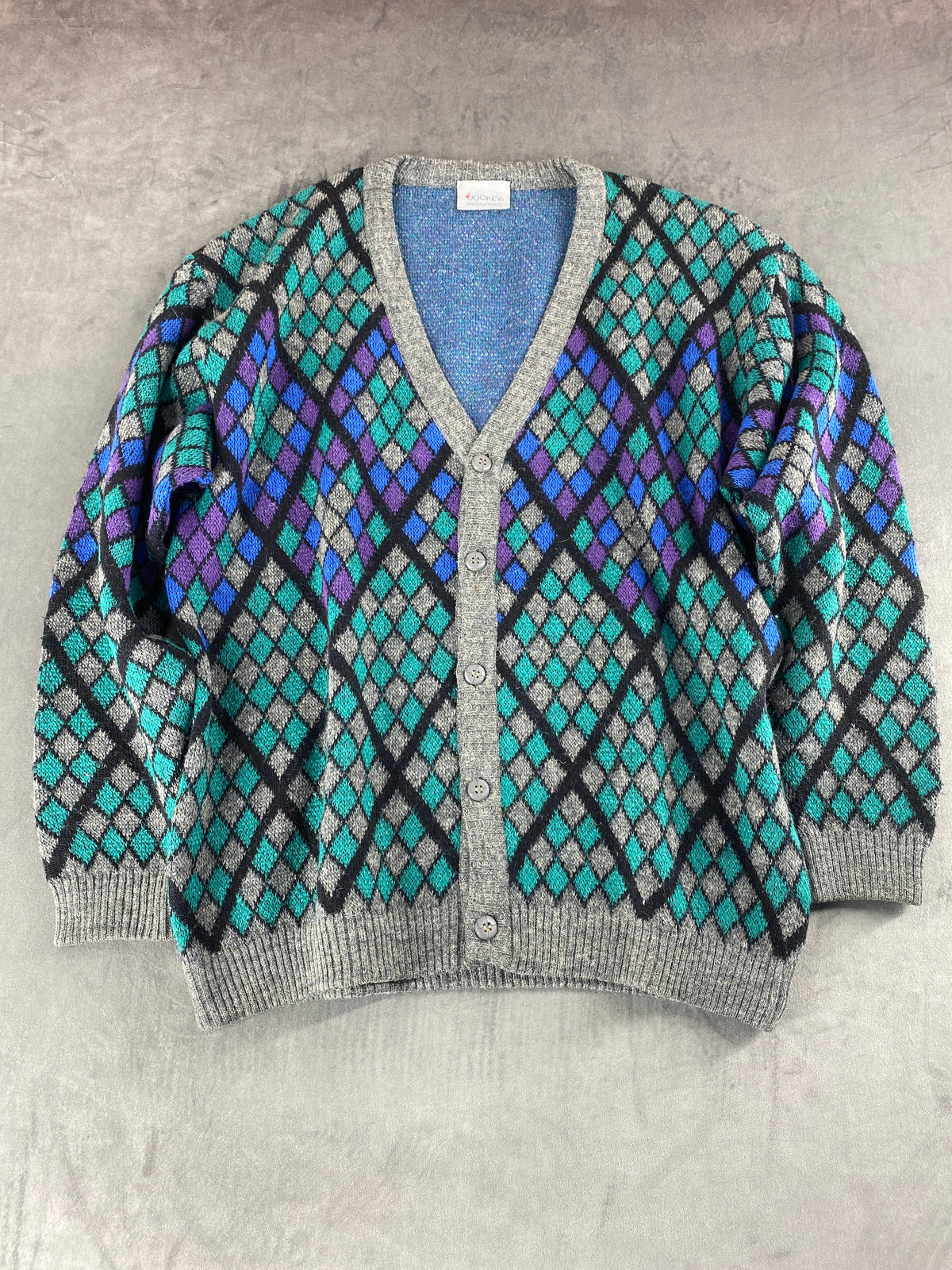 Cardigan rombi lana alpaca Jockey multicolore vintage – Uomo Taglia XL (IT 54)