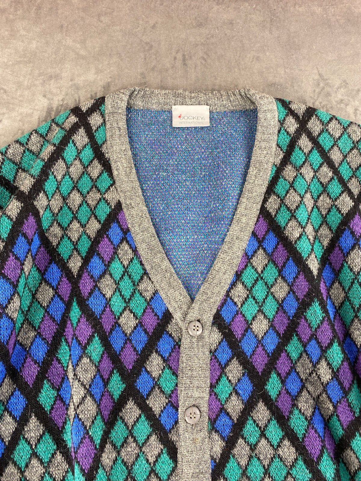 Cardigan rombi lana alpaca Jockey multicolore vintage – Uomo Taglia XL (IT 54)