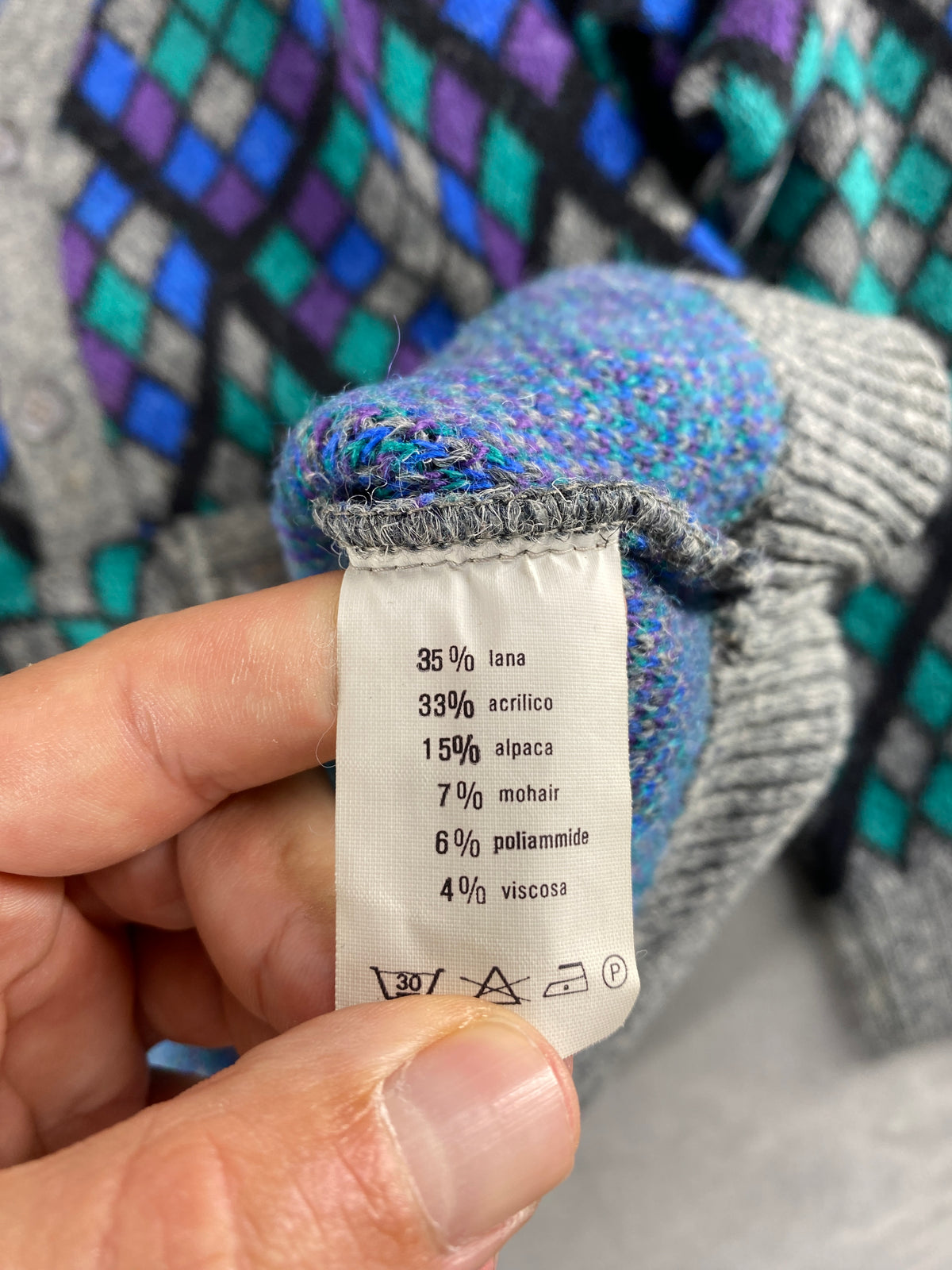 Cardigan rombi lana alpaca Jockey multicolore vintage – Uomo Taglia XL (IT 54)