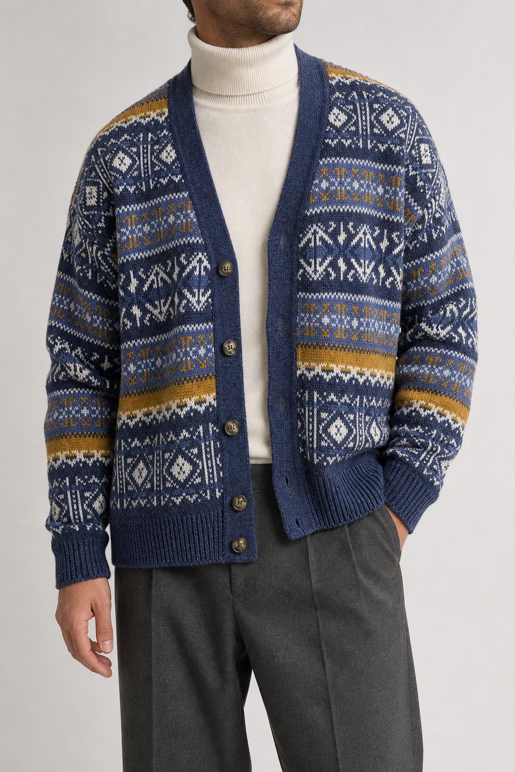 Cardigan fair-isle norvegese lana blu senape vintage – Uomo Taglia L (IT 52)