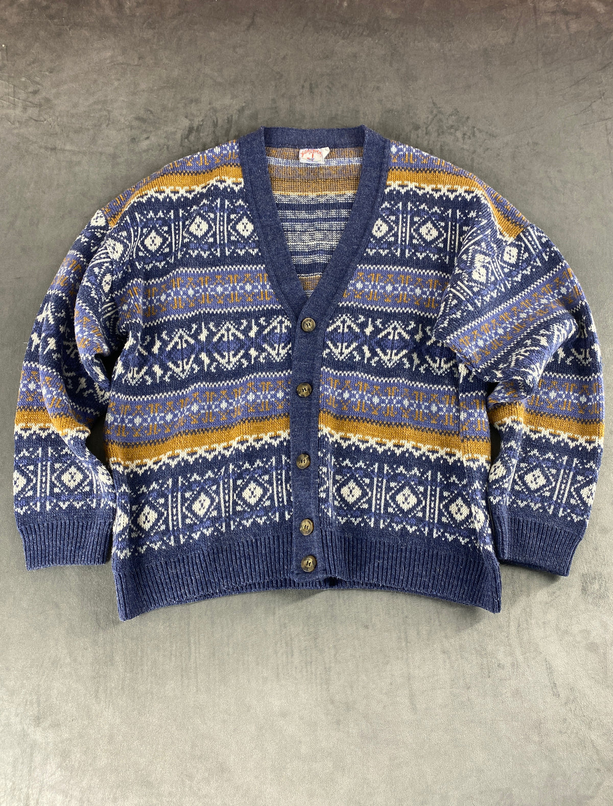 Cardigan fair-isle norvegese lana blu senape vintage – Uomo Taglia L (IT 52)