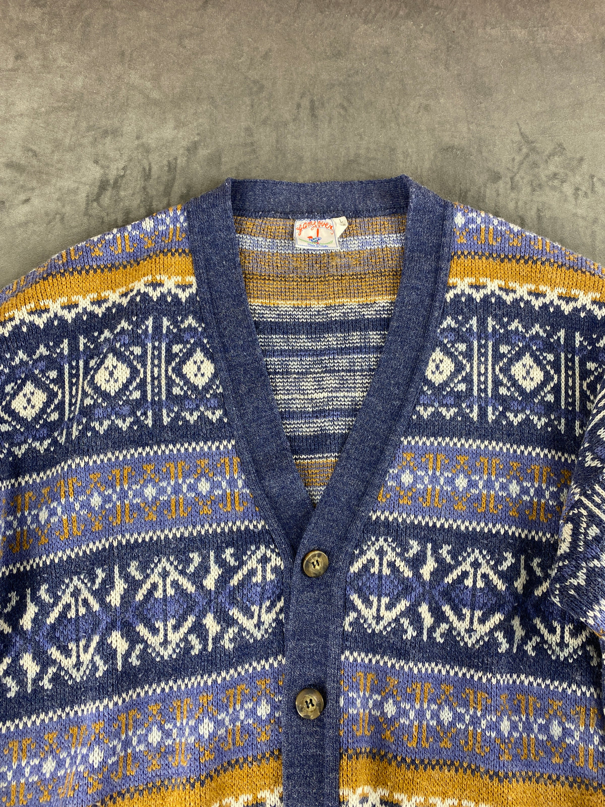 Cardigan fair-isle norvegese lana blu senape vintage – Uomo Taglia L (IT 52)