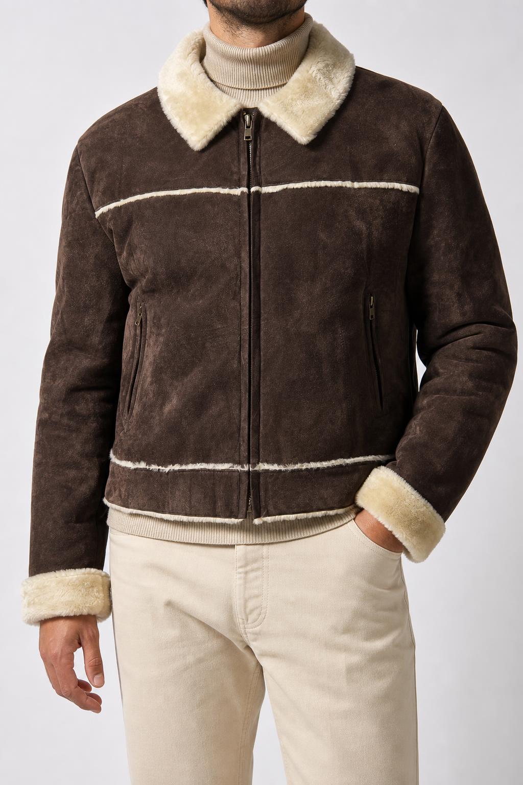 Giacca in camoscio effetto montone marrone vintage – Uomo Taglia L