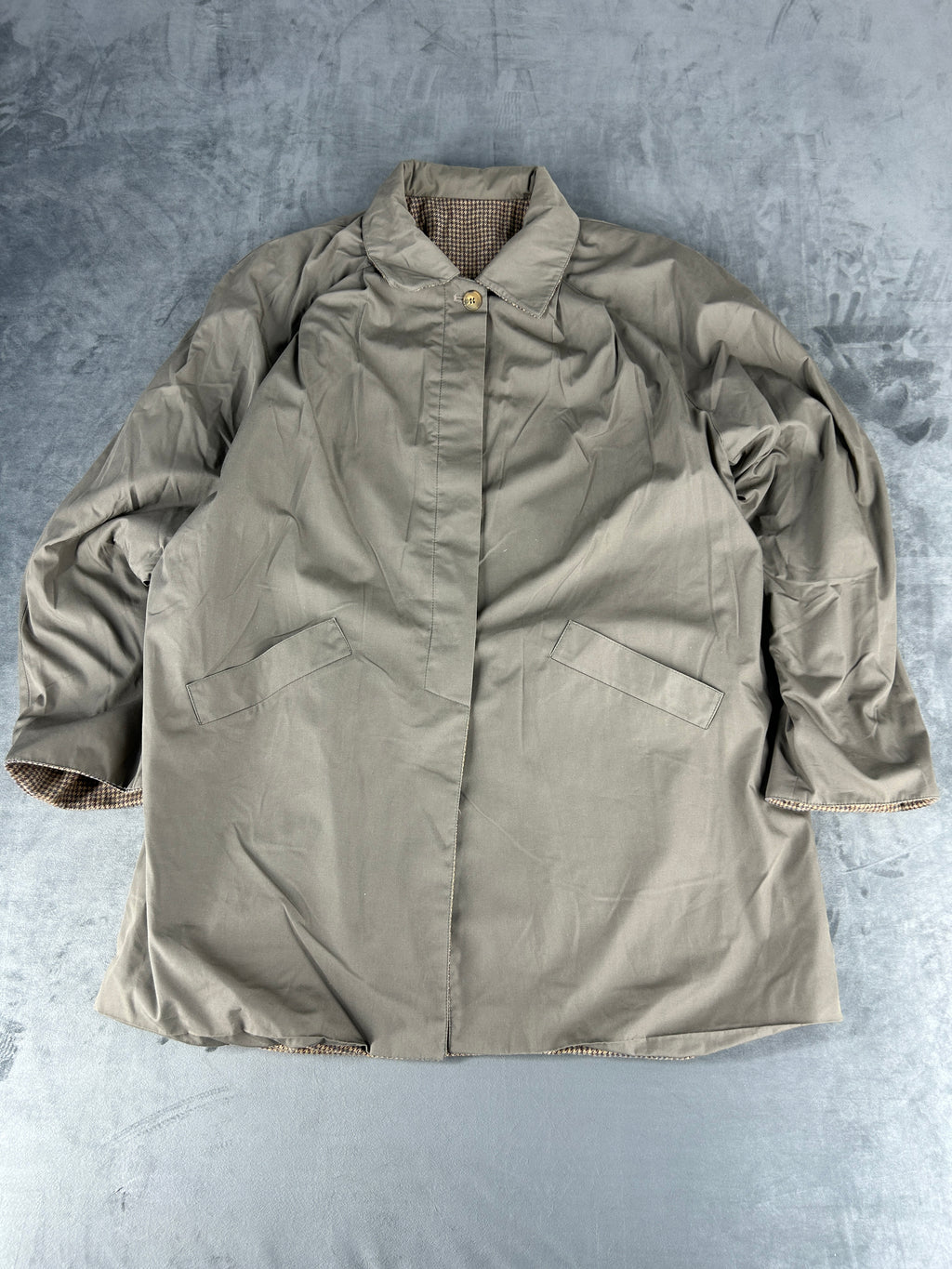 Soprabito lungo beige talpa con fodera tartan vintage – Donna Taglia XL