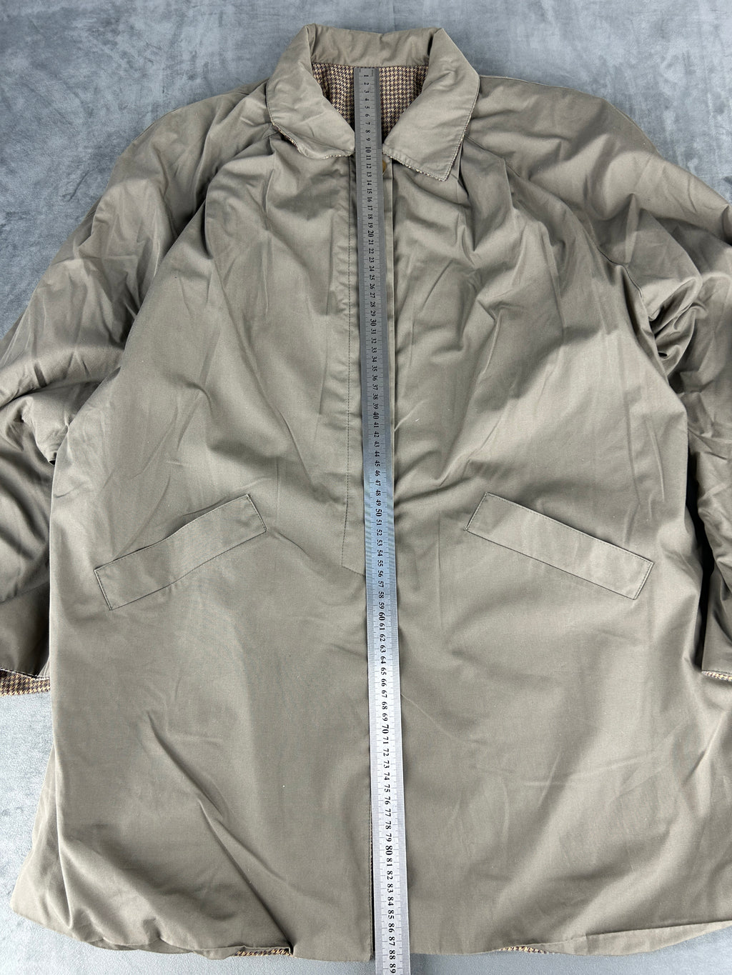 Soprabito lungo beige talpa con fodera tartan vintage – Donna Taglia XL