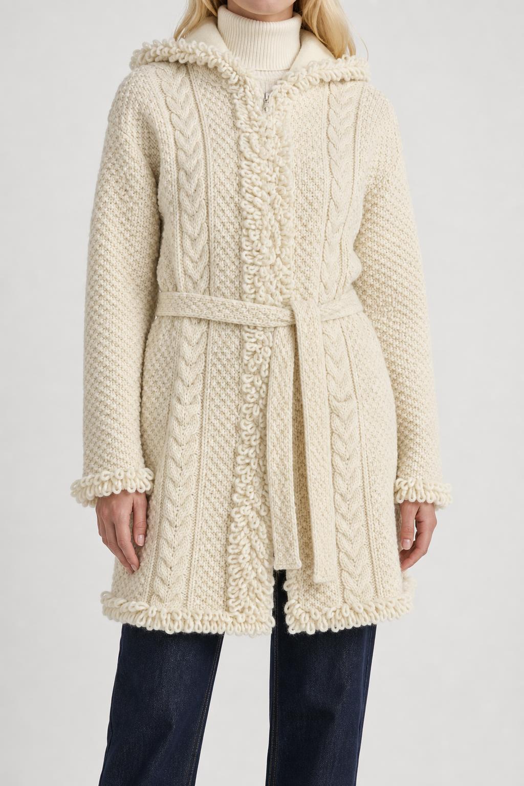 Cardigan lungo trecce panna con cappuccio in lana vintage – Donna Taglia L