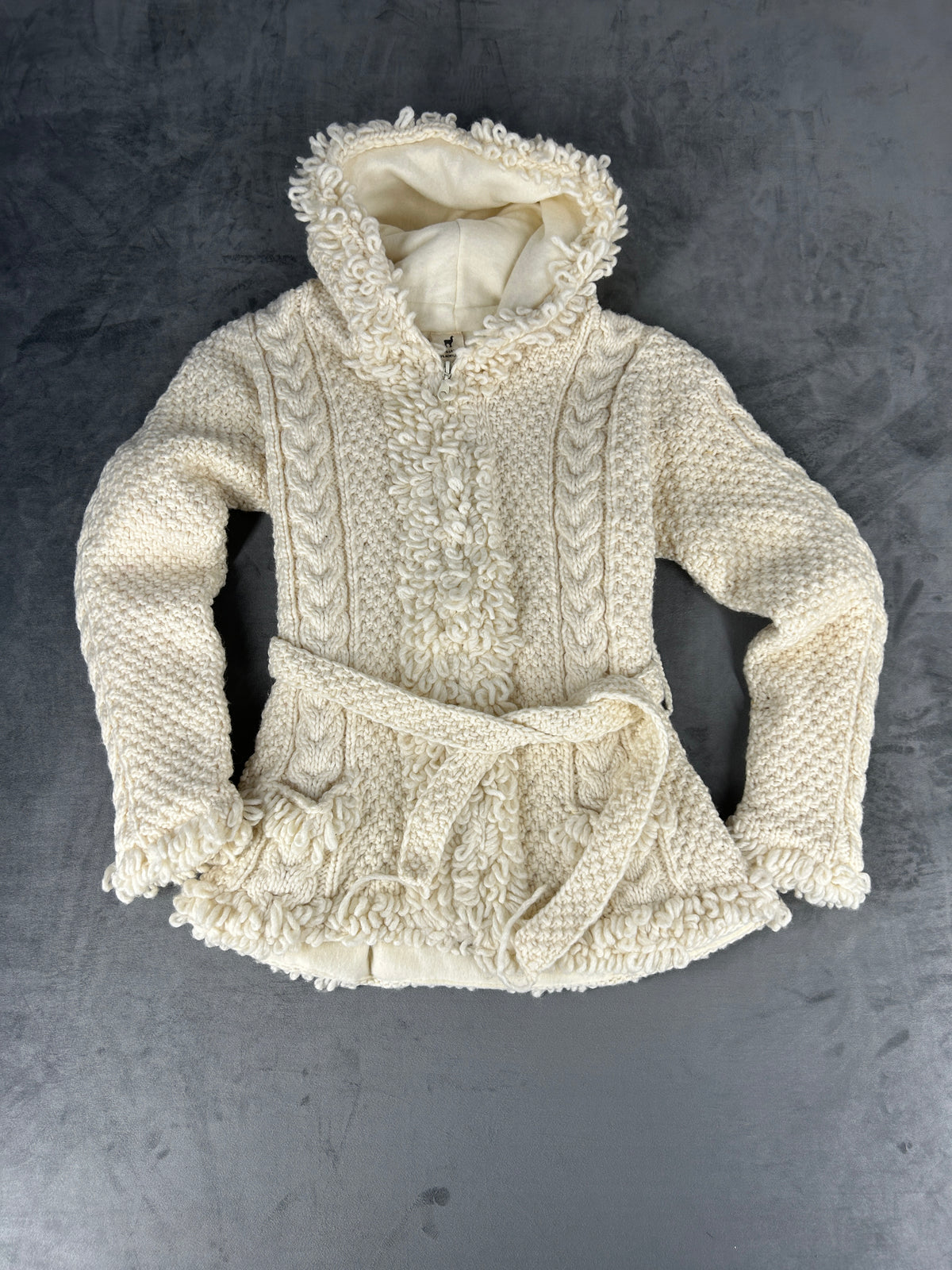 Cardigan lungo trecce panna con cappuccio in lana vintage – Donna Taglia L