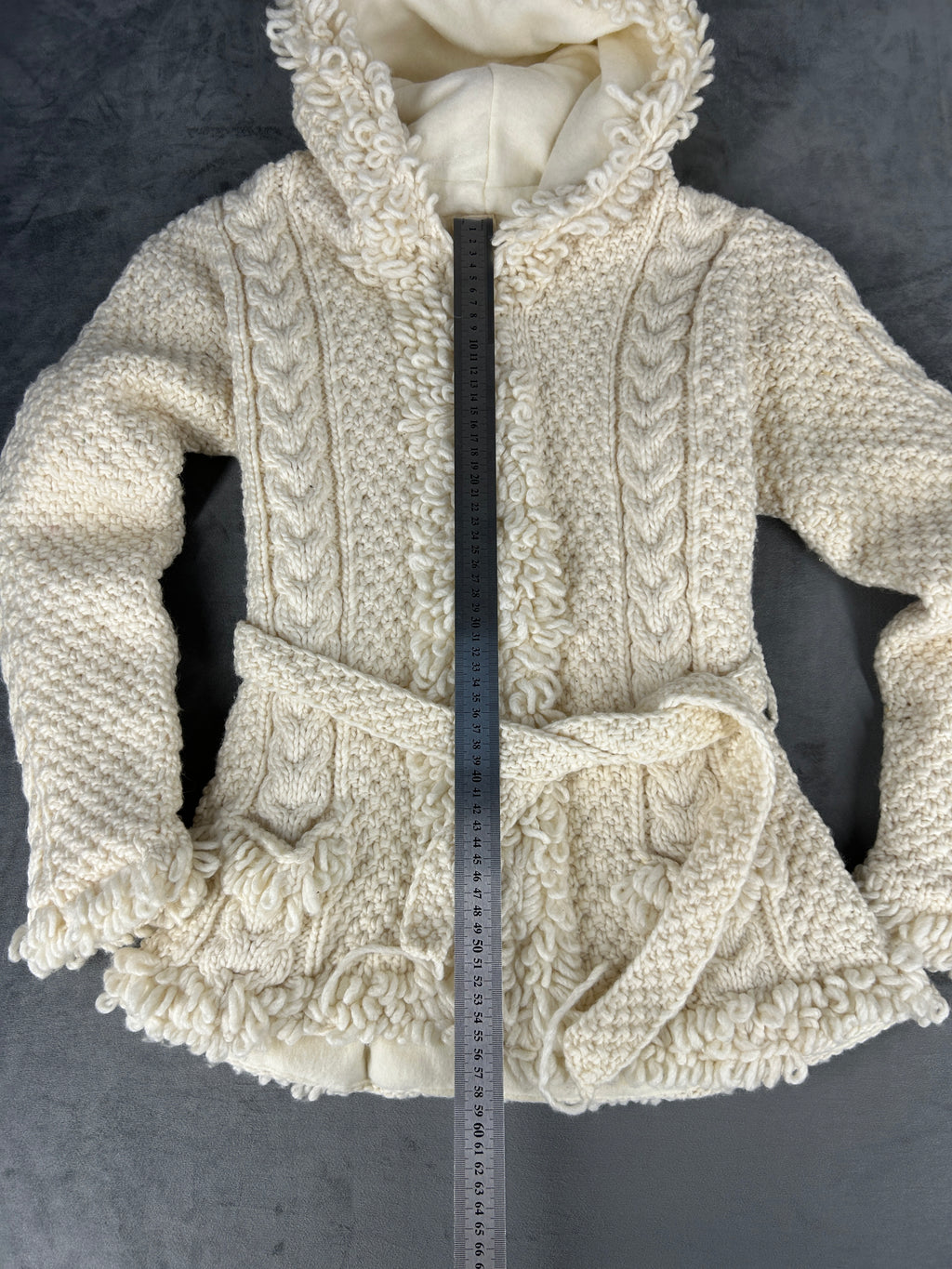 Cardigan lungo trecce panna con cappuccio in lana vintage – Donna Taglia L