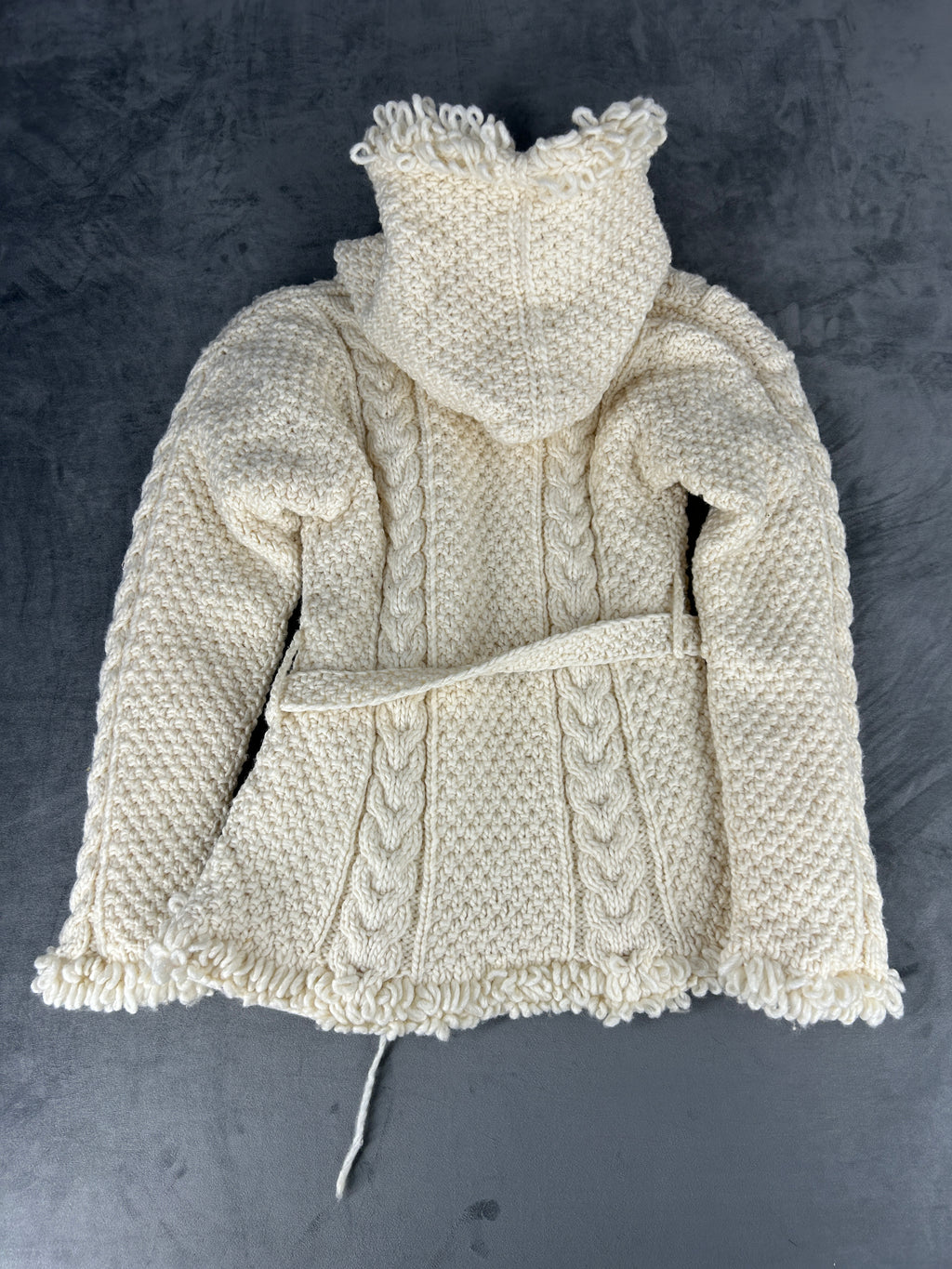 Cardigan lungo trecce panna con cappuccio in lana vintage – Donna Taglia L
