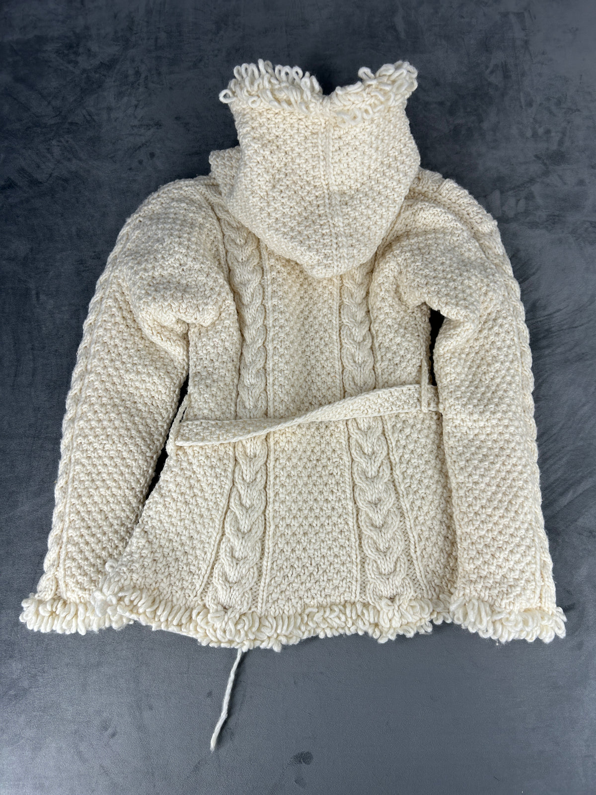 Cardigan lungo trecce panna con cappuccio in lana vintage – Donna Taglia L