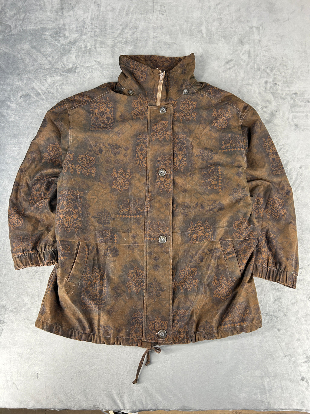 Giacca effetto camoscio marrone fantasia paisley vintage – Donna Taglia XL
