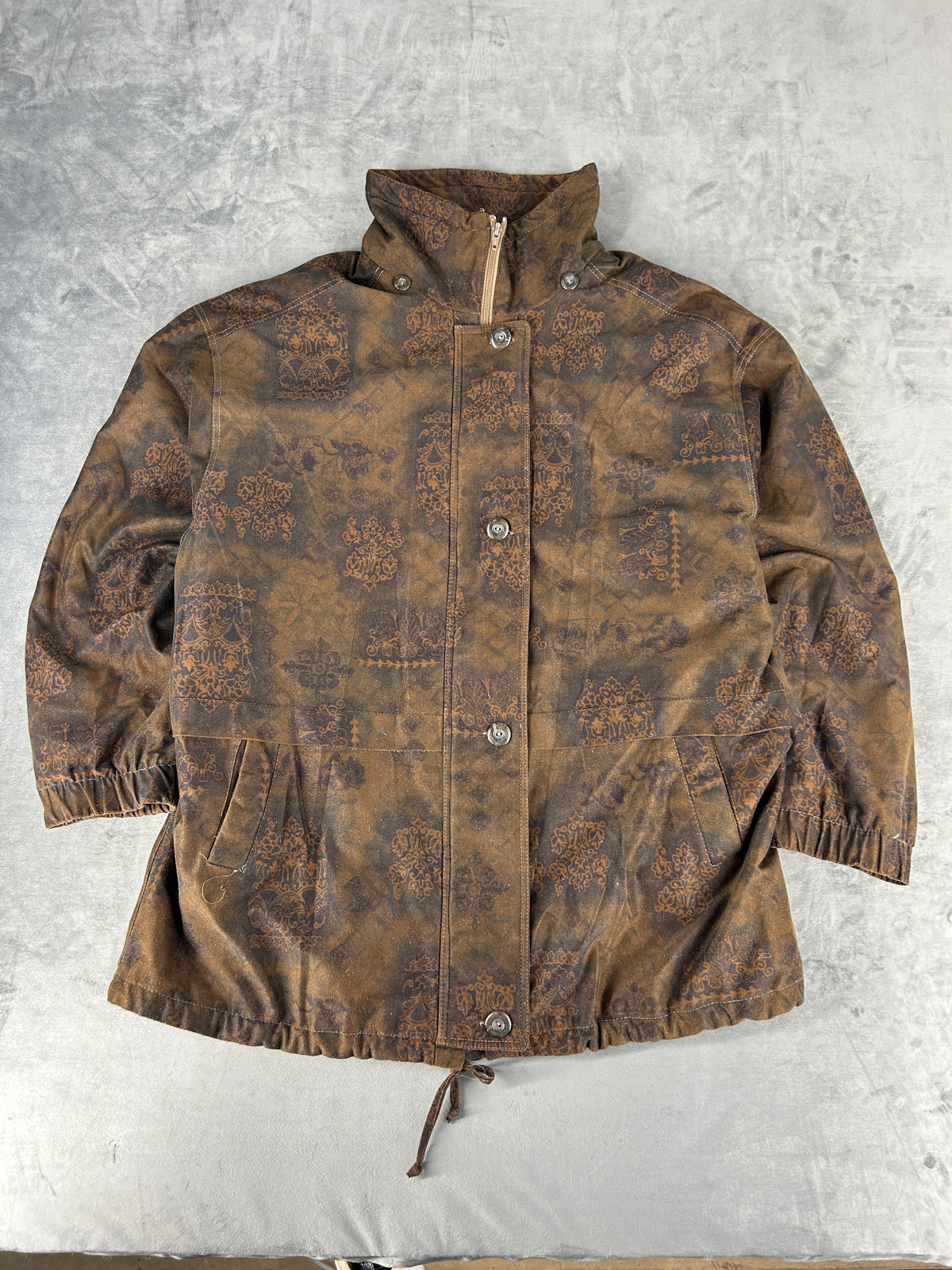 Giacca effetto camoscio marrone fantasia paisley vintage – Donna Taglia XL