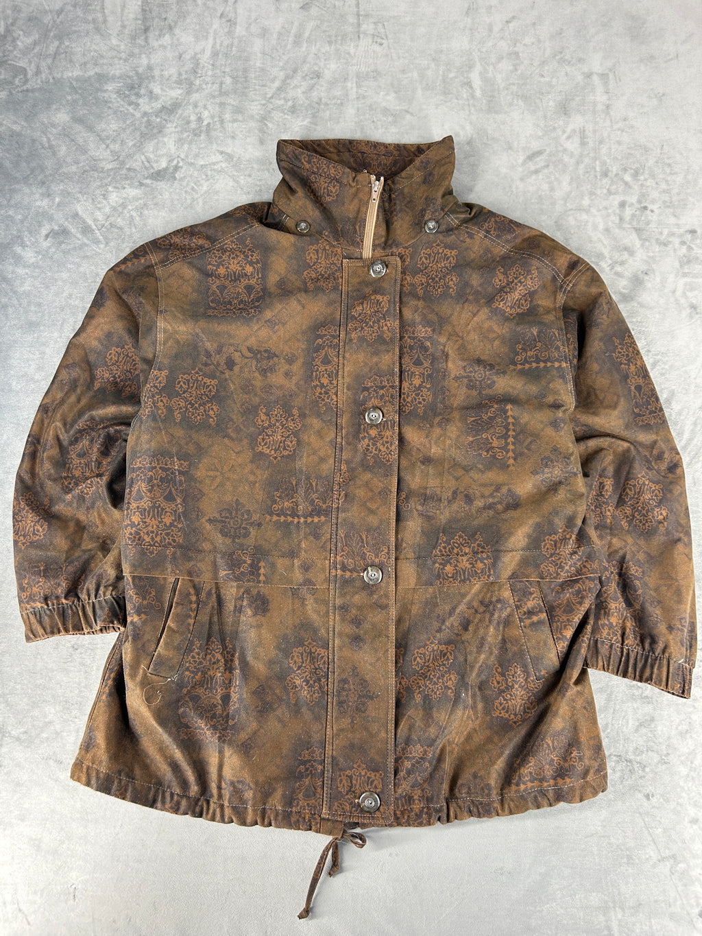 Giacca effetto camoscio marrone fantasia paisley vintage – Donna Taglia XL