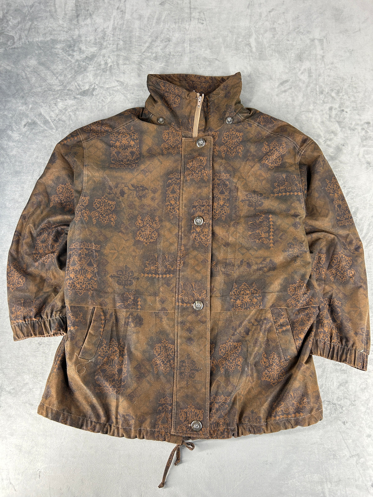 Giacca effetto camoscio marrone fantasia paisley vintage – Donna Taglia XL