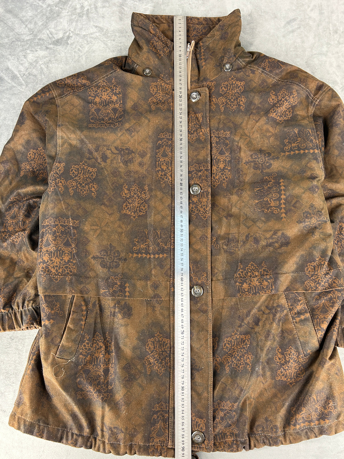 Giacca effetto camoscio marrone fantasia paisley vintage – Donna Taglia XL