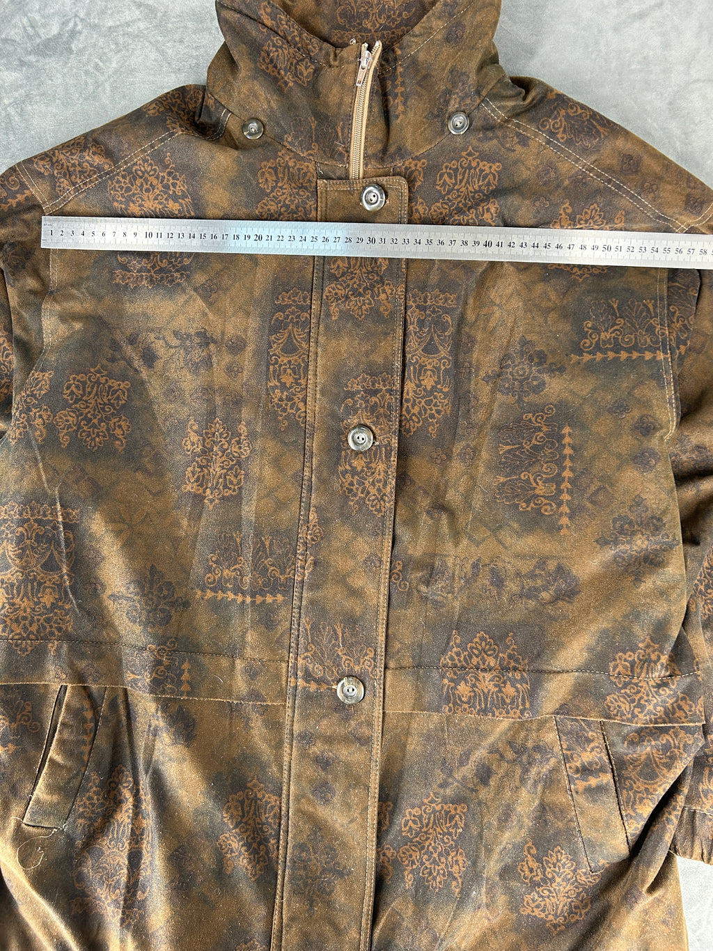 Giacca effetto camoscio marrone fantasia paisley vintage – Donna Taglia XL