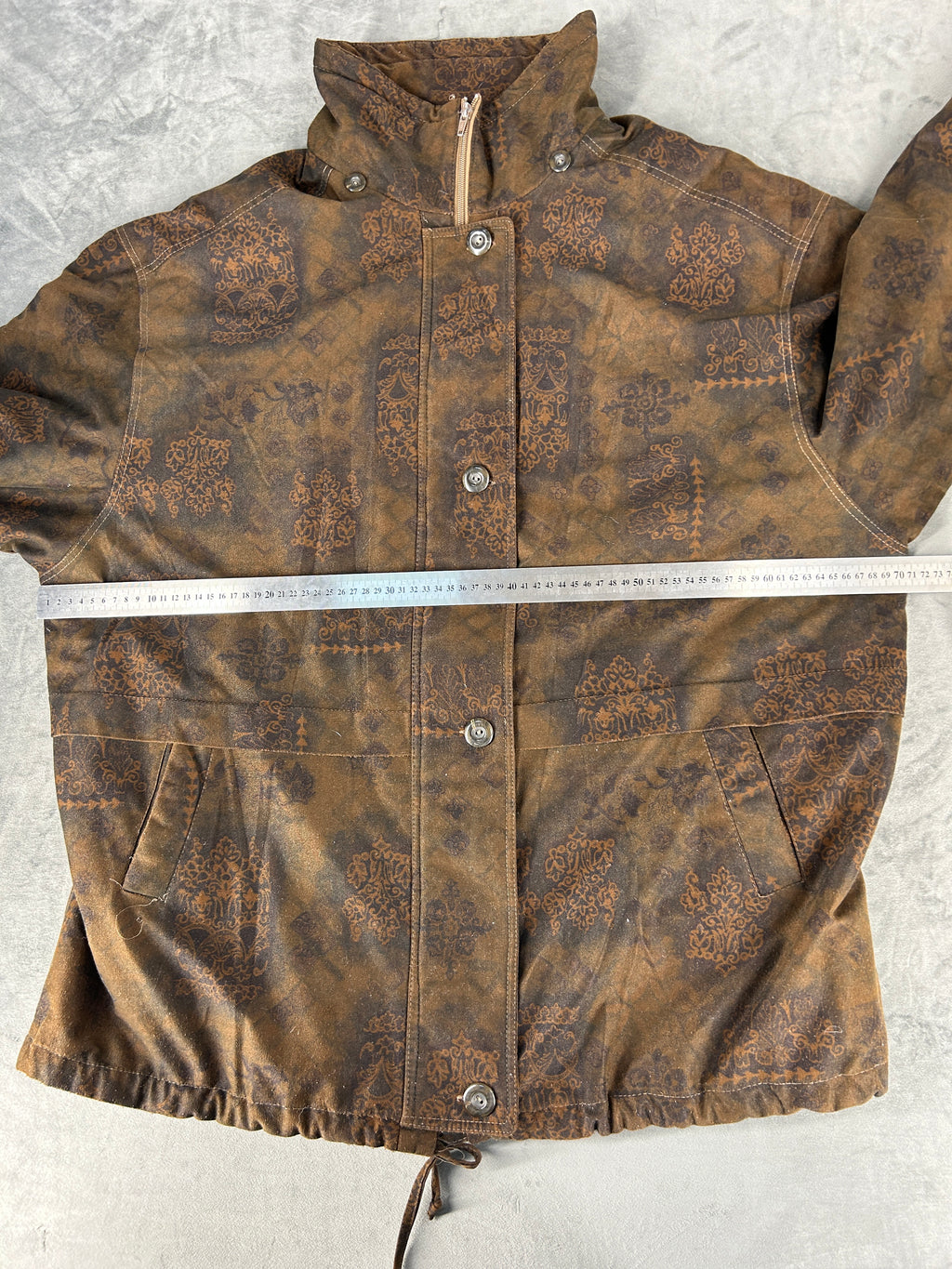 Giacca effetto camoscio marrone fantasia paisley vintage – Donna Taglia XL