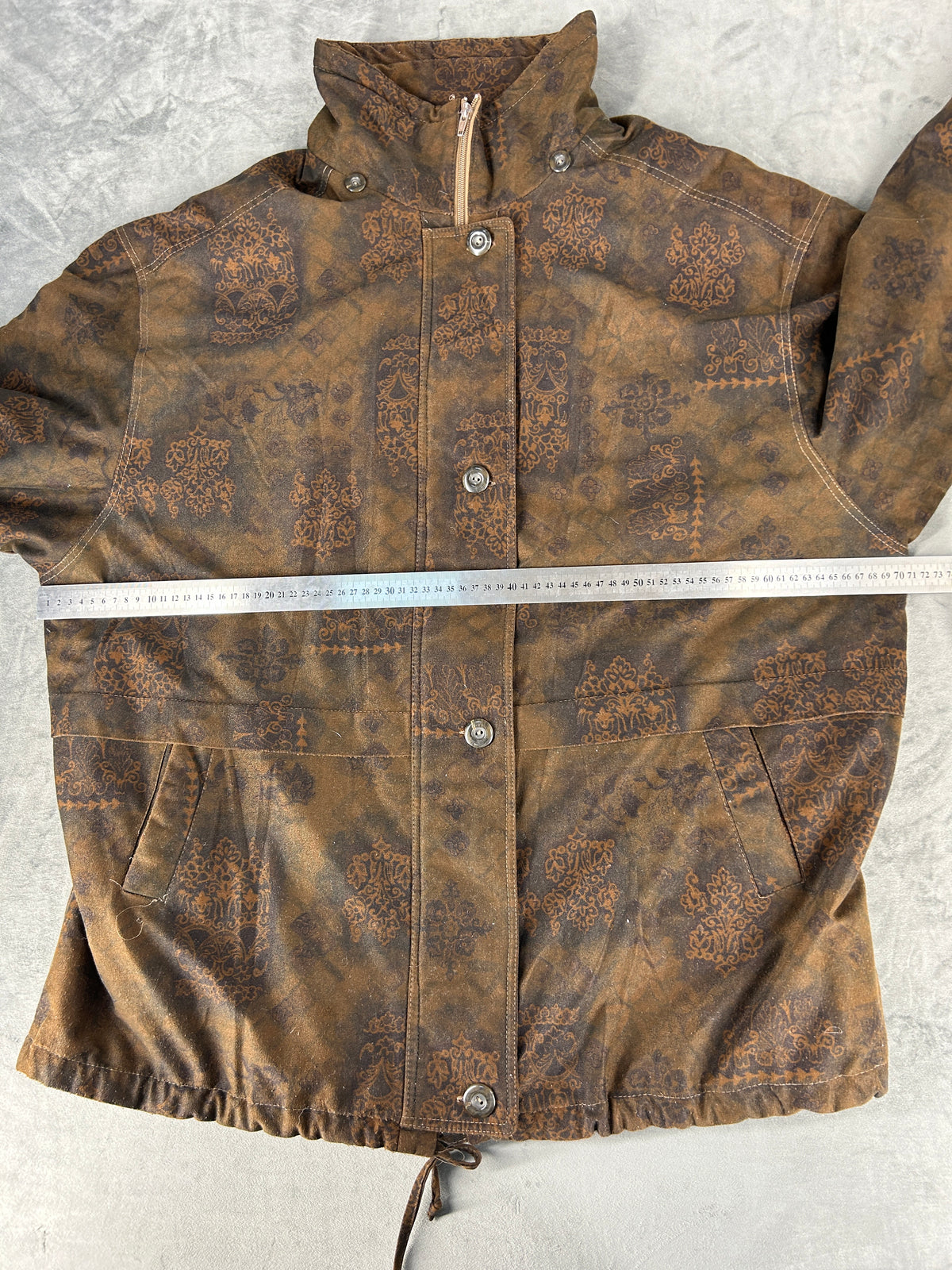Giacca effetto camoscio marrone fantasia paisley vintage – Donna Taglia XL
