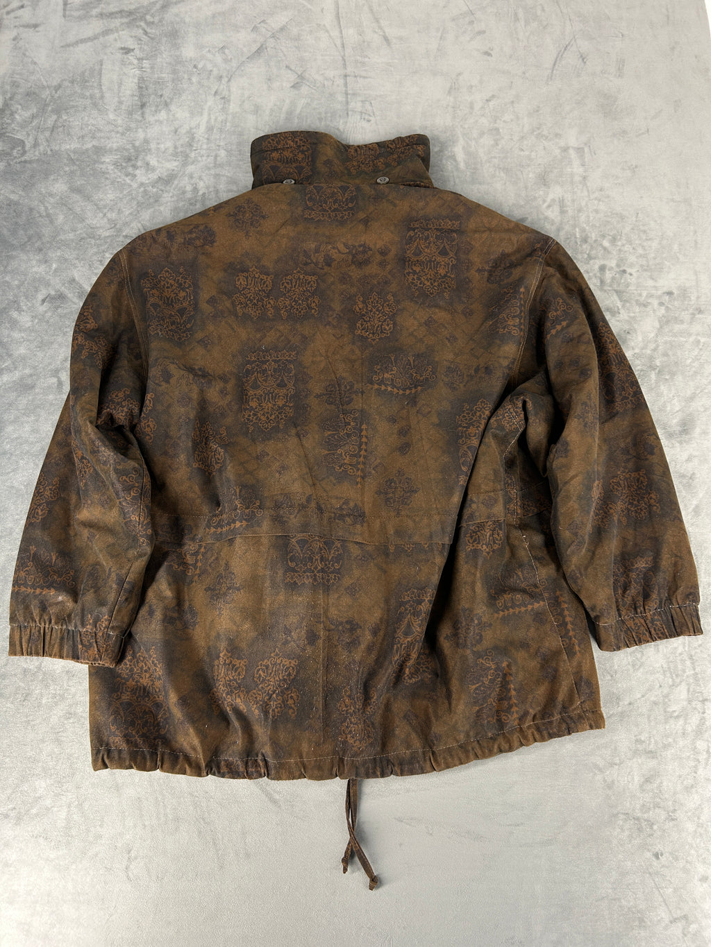 Giacca effetto camoscio marrone fantasia paisley vintage – Donna Taglia XL