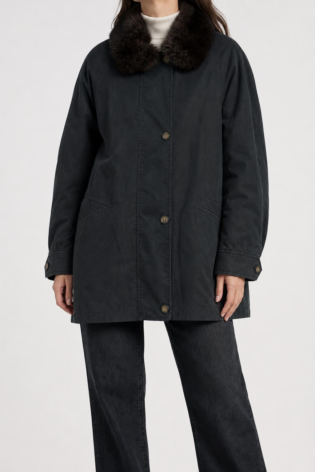 Parka grigio scuro collo in pelliccia vintage – Donna Taglia M (IT 42)