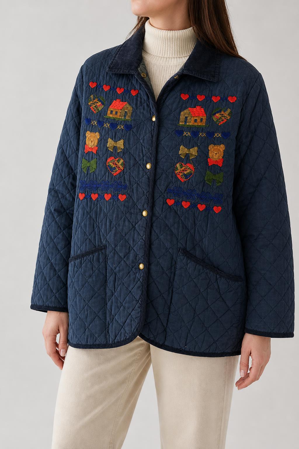 Giacca trapuntata blu navy ricami folk vintage – Donna Taglia L