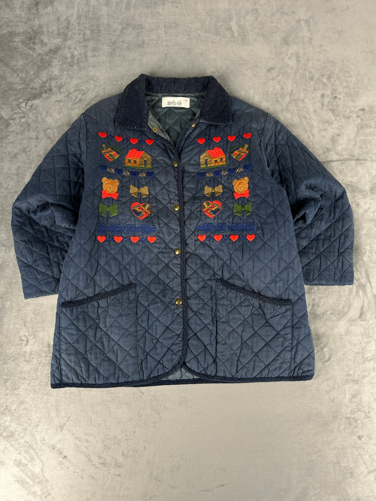 Giacca trapuntata blu navy ricami folk vintage – Donna Taglia L