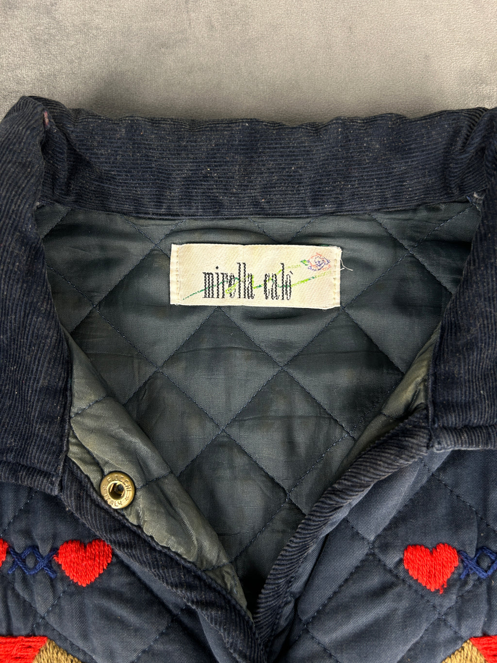 Giacca trapuntata blu navy ricami folk vintage – Donna Taglia L