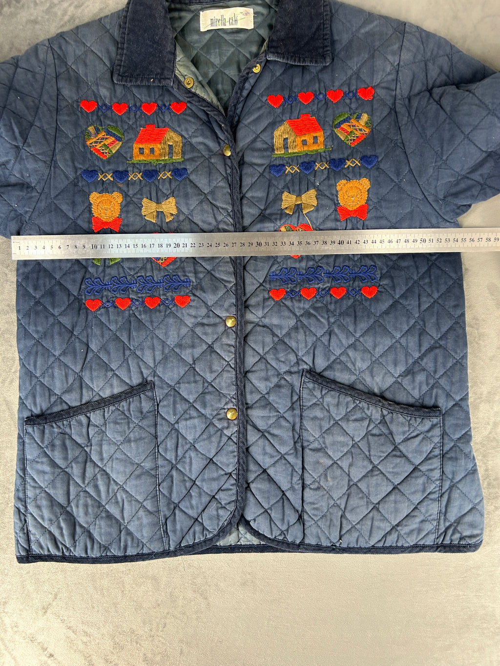 Giacca trapuntata blu navy ricami folk vintage – Donna Taglia L